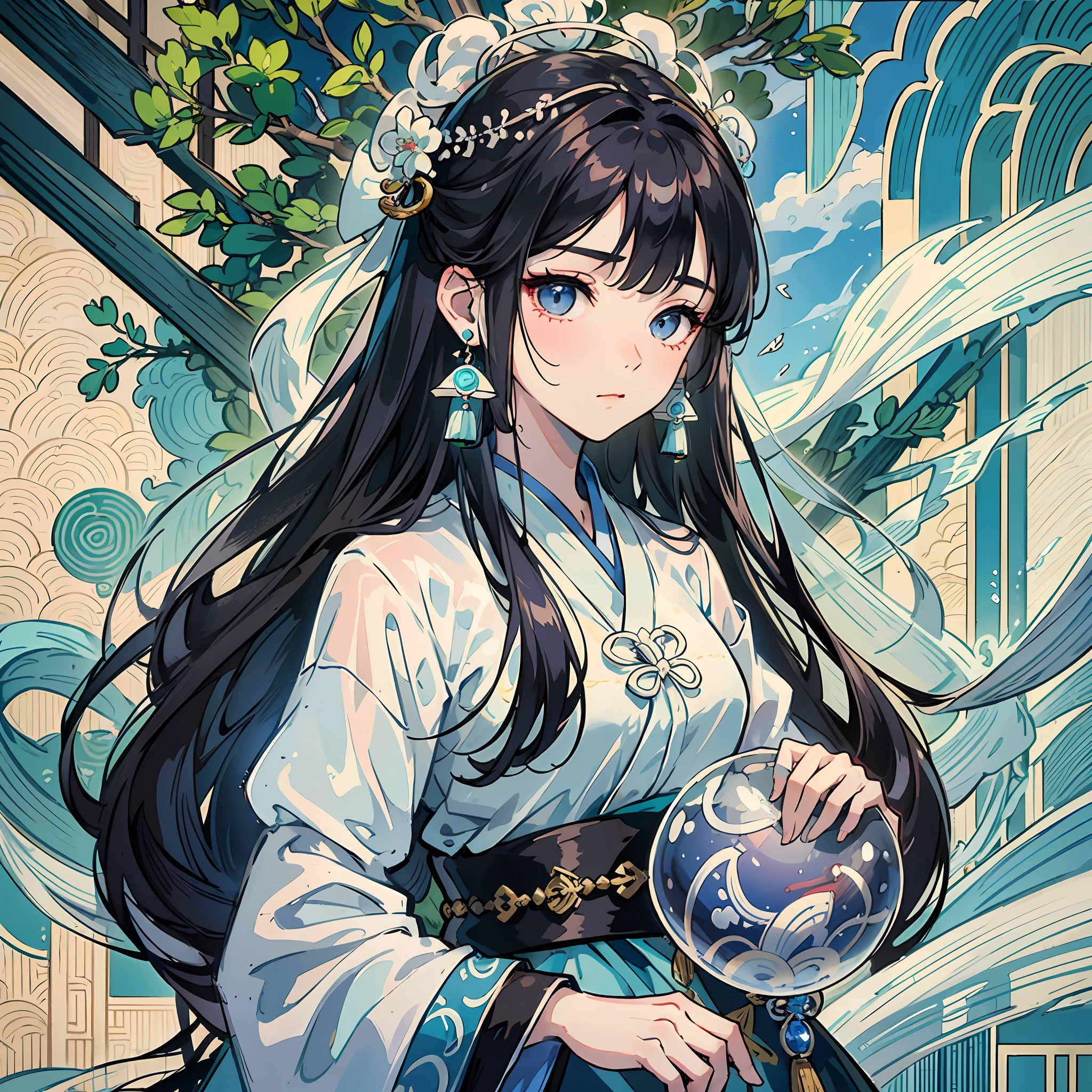 Fair skin, melancholy eyes, court, Hanfu girl, aesthetic character painting, white Hanfu, watery eyes, looking at the viewer, skirt, jewelry, long black hair, earrings, closed mouth, Chinese architecture, vase, 8k, tower, see-through, willow leaf eyebrows, riverside, jade bracelet, simplicity, anime --auto --s2