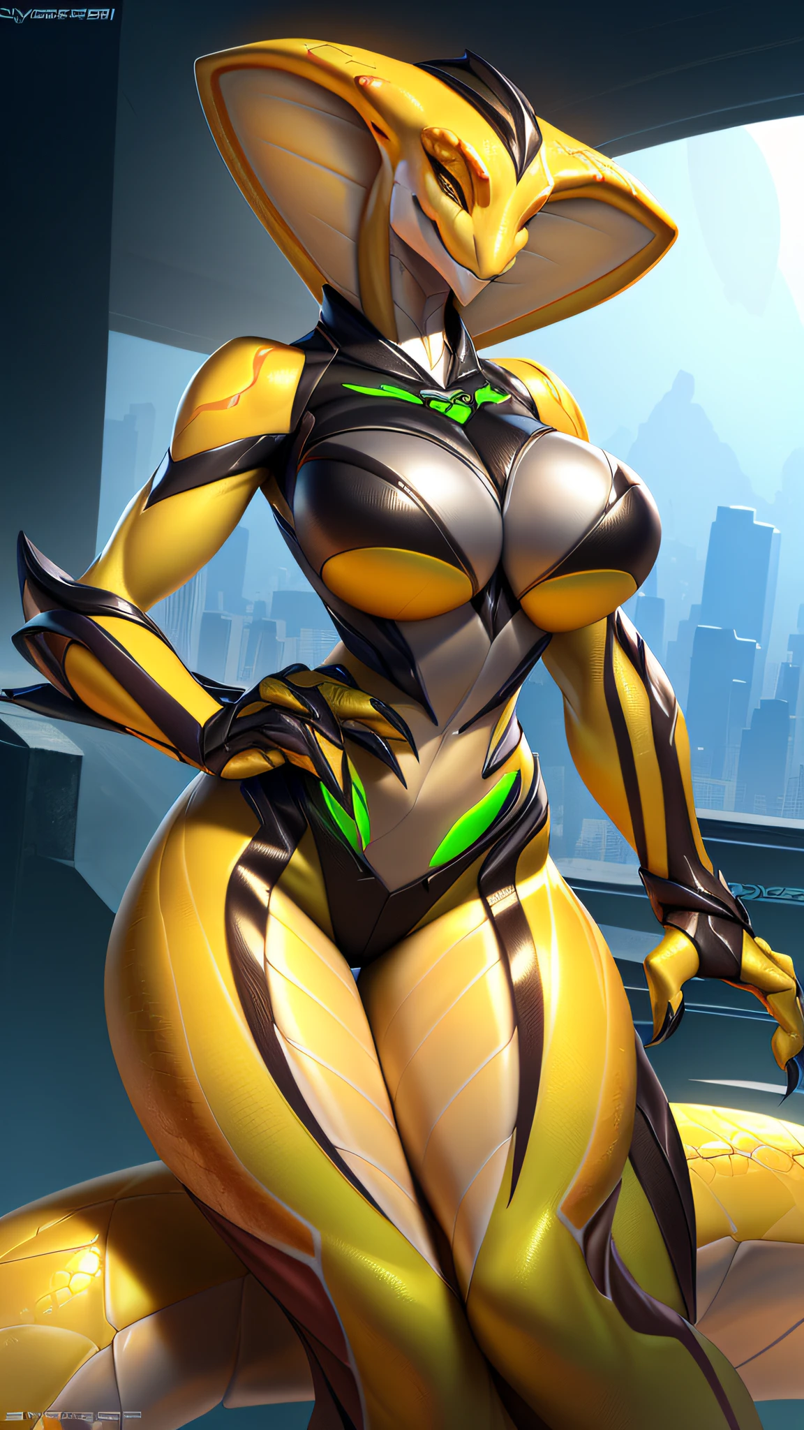 skygracer, by skygracer, a beautiful and detailed portrait of viper, Naga, yellow body, solo, slit pupils, viperarmor, tail, smile, eyes slightly closed, antrum, large breasts, posing, scales, extremely detailed legs, extremely detailed arms, perfectly detailed hands, ultra-detailed face, perfectly detailed eyes,