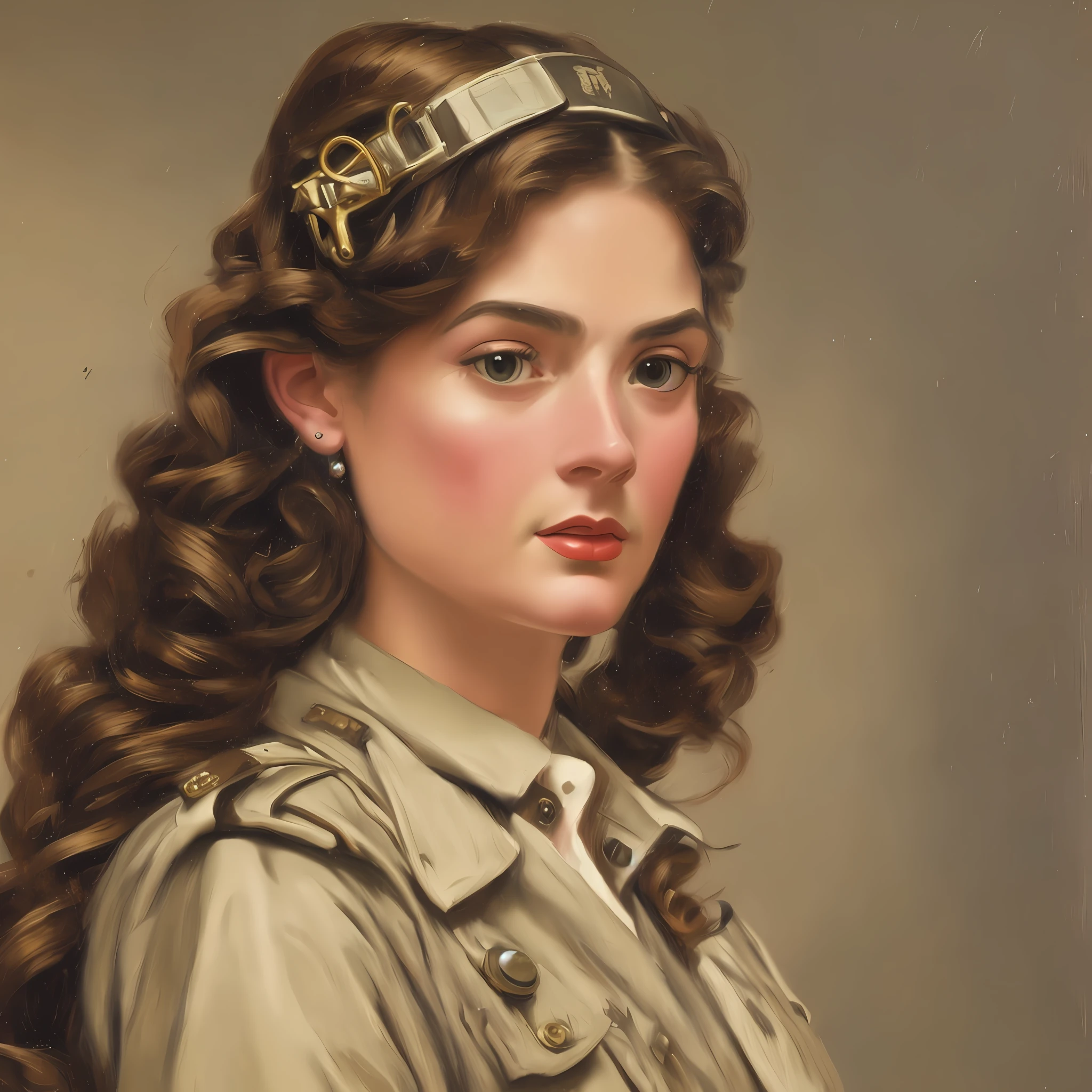 an oil painting of a woman wearing 1940s US Army aviator clothes using realism techniques. Use a highly detailed and accurate style to capture the intricate details of the clothing and the subject's face. This style is influenced by artists such as John Singer Sargent, William-Adolphe Bouguereau, and Gustave Courbet