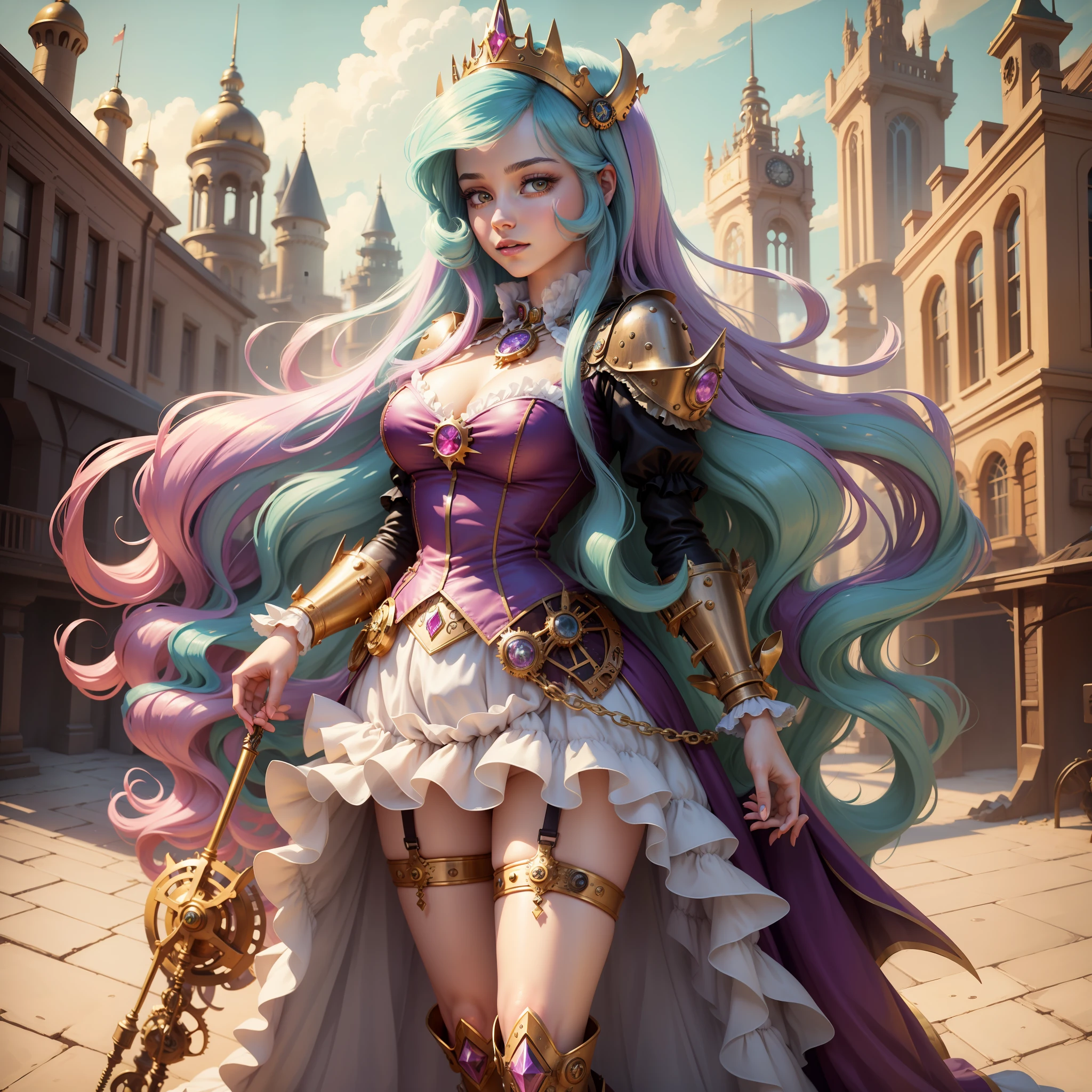 Princess Celestia, Princess Celestia from my little pony, Princess Celestia in the form of a girl, long hair, lush hair, steampunk, body from steampunk mechanisms, golden gears, not human, gear leather, white boots, full-length, steampunk style, best quality, very detailed, ultra 8k resolution