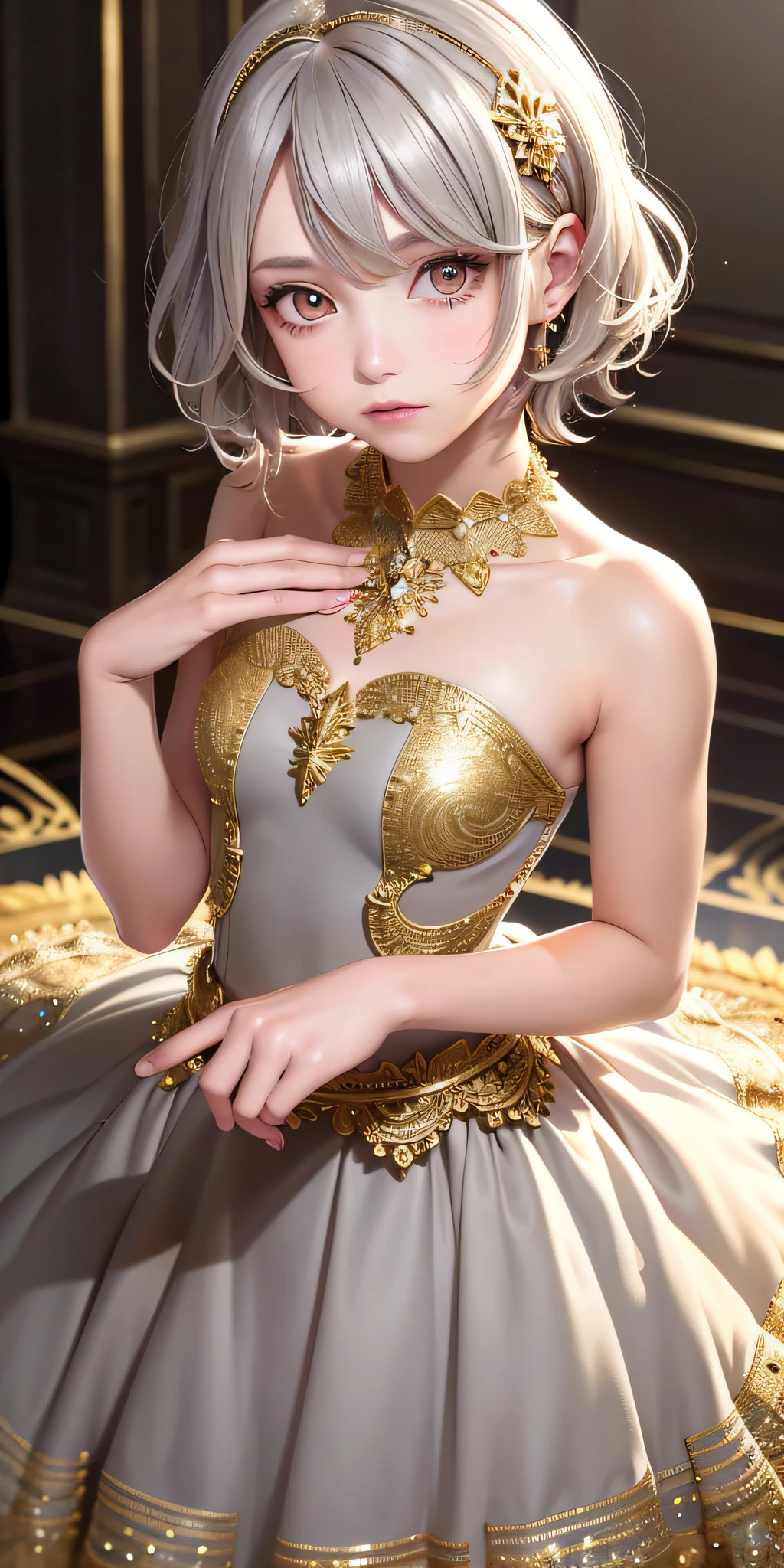 One girl, amazing dress, light curly hair, short hair, photorealistic, top quality, masterpiece, gray hair, gold eye, look up, upper body, hair, fair skin