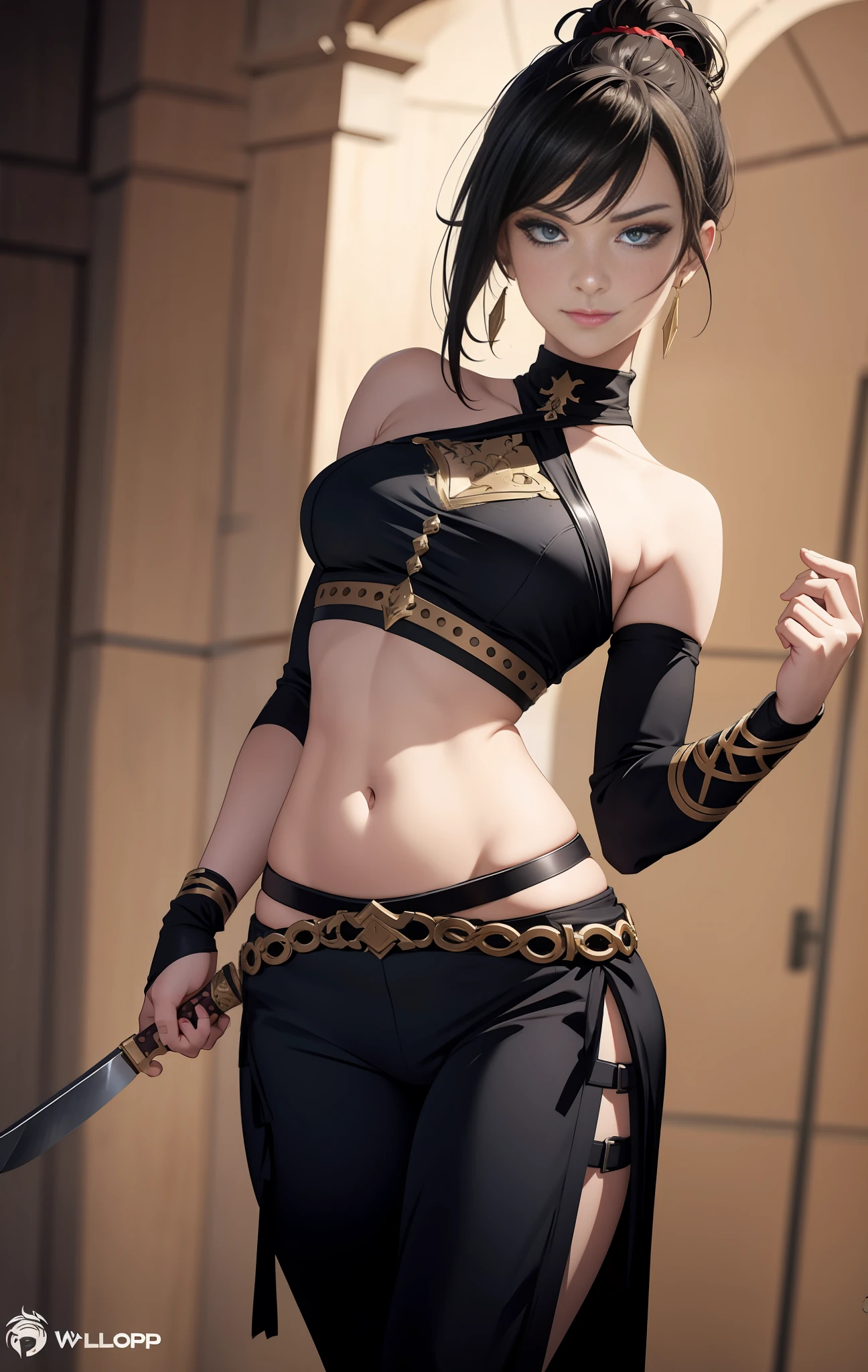 belly dancing pants, dancing, medieval fantasy assassin girl, roleplaying, dark honey hair, short hair ponytail tied, closed clothing, holding knifes, smirk, dystopian clothing, round eyes, perfect face, by artgerm, wloop, bits of color, hand drawing , dark, bold, realistic sketch, rough sketch, mix of dark bold lines and loose lines, bold lines, character sheet