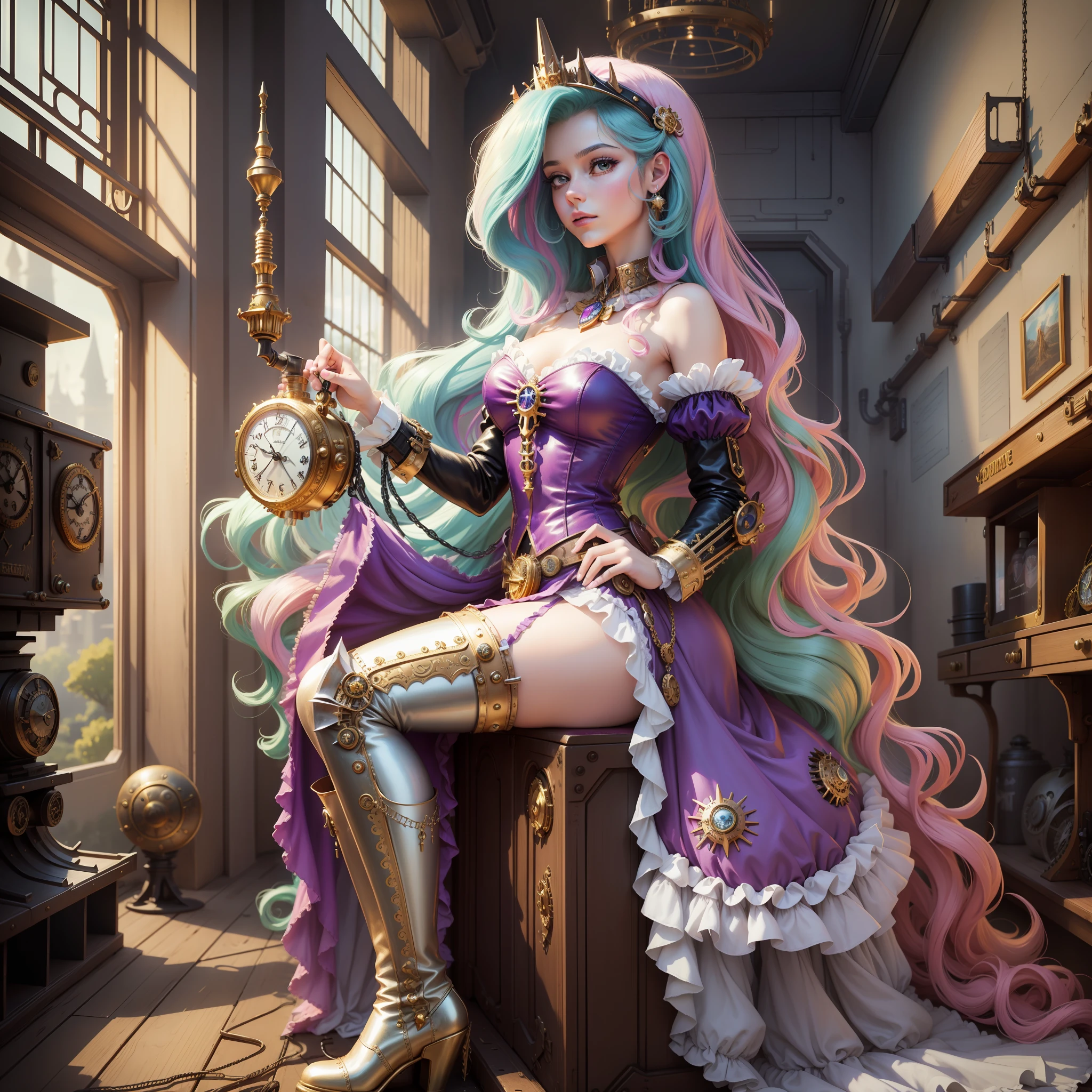 Princess Celestia, Princess Celestia from my little pony, Princess Celestia in the form of a girl, long hair, lush hair, steampunk, body from steampunk mechanisms, golden gears, not human, gear leather, white boots, full-length, steampunk style, best quality, very detailed, ultra 8k resolution