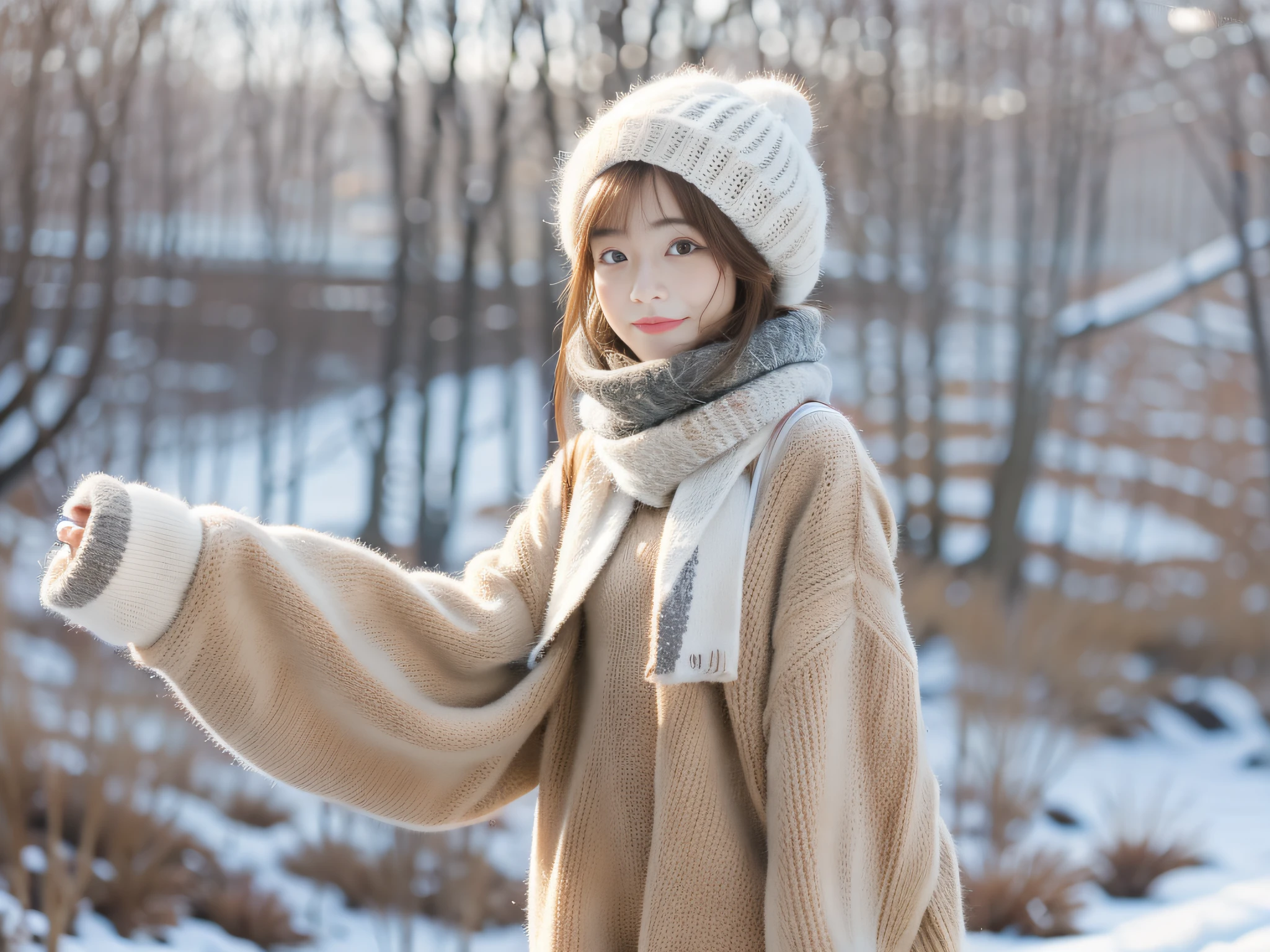 White emanated, pale yellow hat, silver earrings, beige sweater dress, dress, ray tracing, aperture 5.5, outdoor camping, white stockings, five fingers, slim, double eyelids, high nose bridge, small lips, smile, bangs, burgundy scarf, winter, slight snow, 4K, high quality, detail