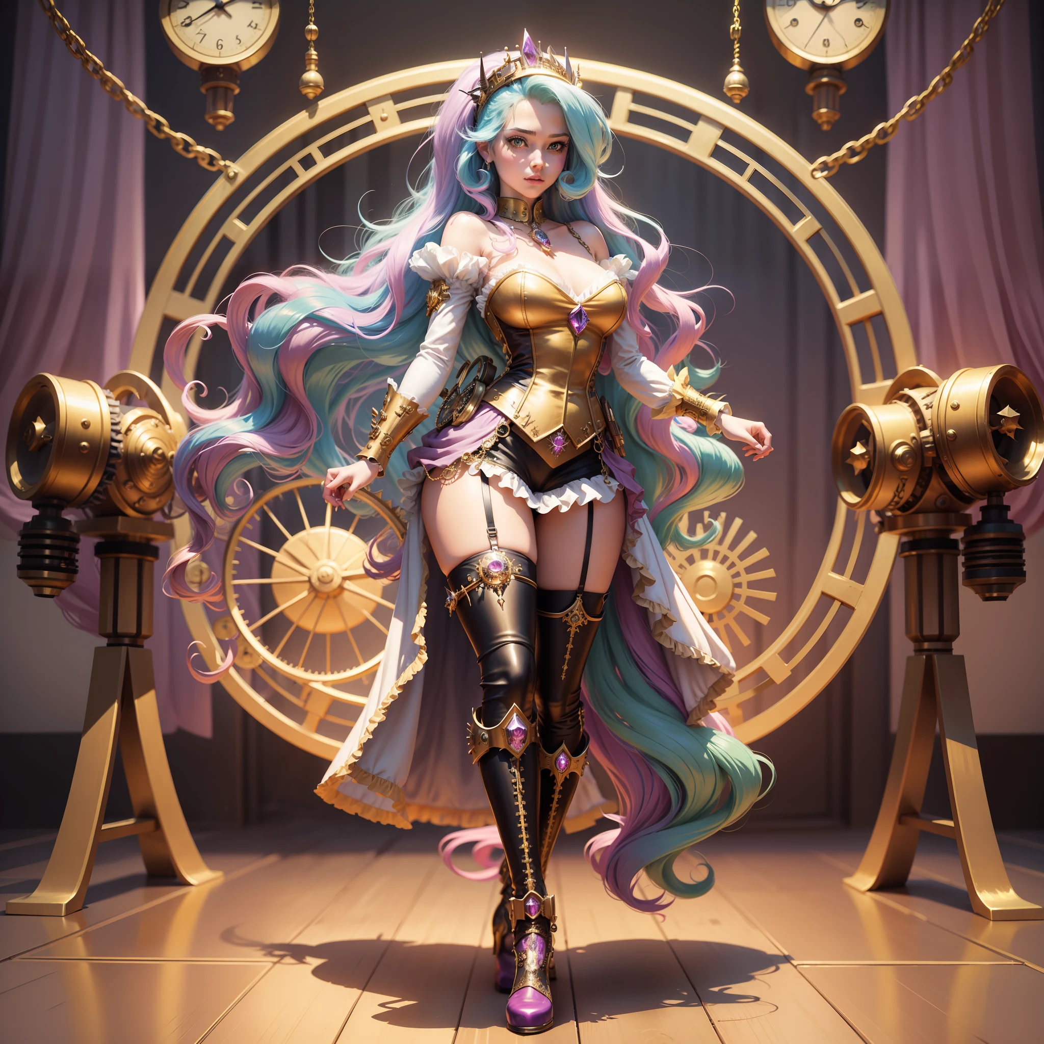 Princess Celestia, Princess Celestia from my little pony, Princess Celestia in the form of a girl, long hair, lush hair, steampunk, body from steampunk mechanisms, golden gears, not human, gear leather, white boots, full-length, steampunk style, best quality, very detailed, ultra 8k resolution