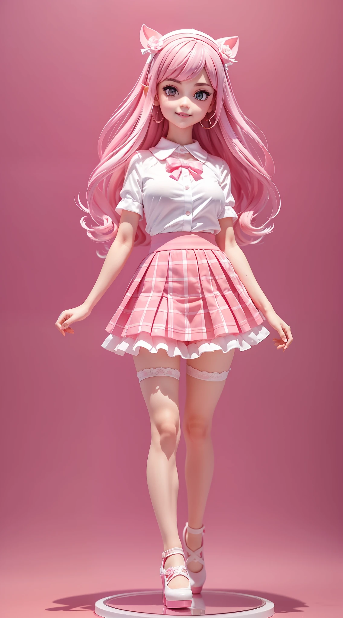1girl, (anatomically correct), full body, (white shirt: 1.1), (plaid skirt: 1.1), school sportswear, lace skirt, (pink stockings), (pink high heels), broken [red: pink: 0.5] theme, (gradient background: 1.1), long hair, (pig arched mouth hair ring), pink eyes, smile, delicate headdress, clay texture, standing on round transparent glass, blind box toy style, sideways, panorama, (masterpiece: 1.1), (Best quality: 1.1)