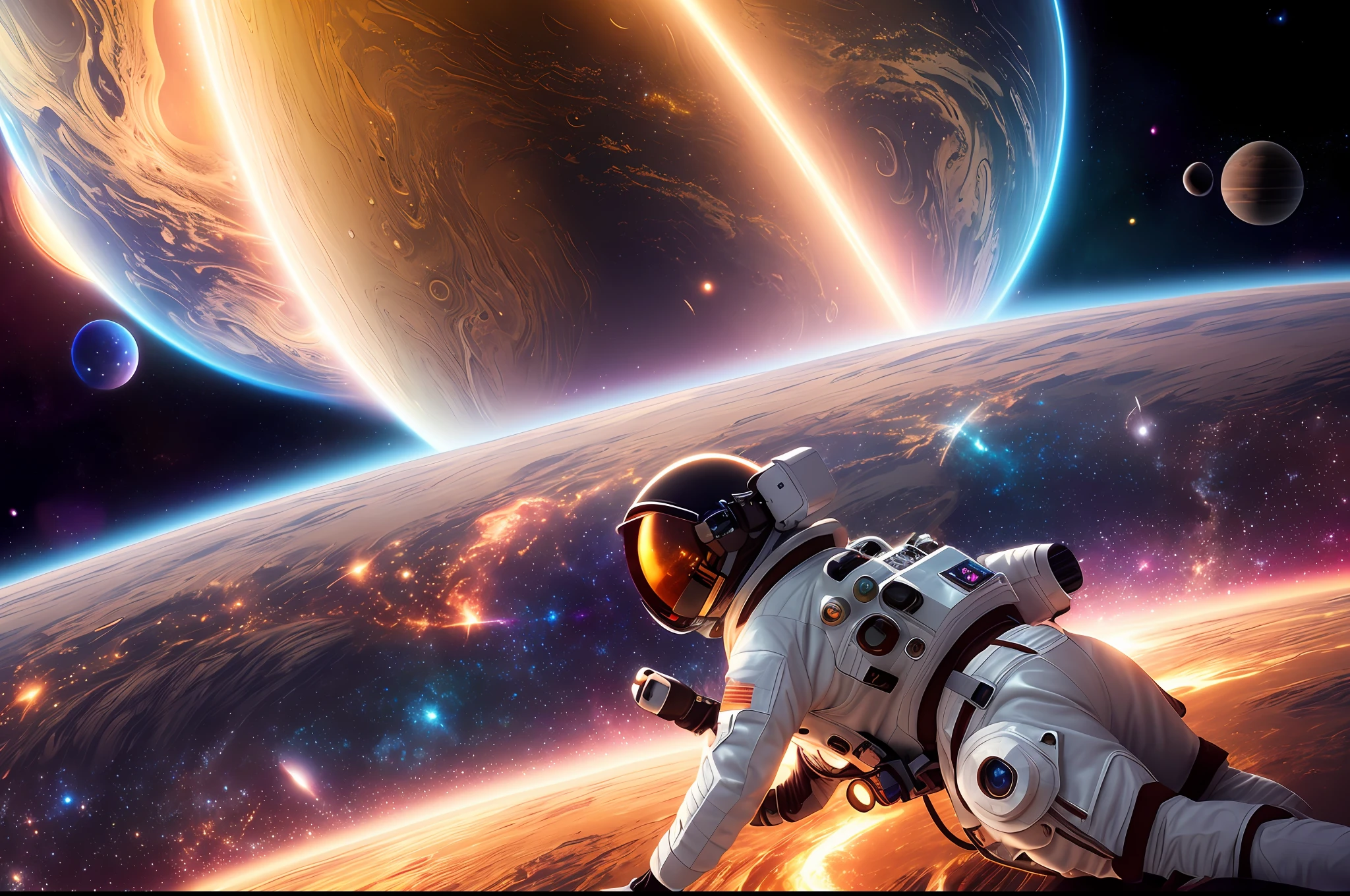 ((master)), ((best quality)), ultra-detailed CG unity 8k wallpaper, incredibly delicate and beautiful illustration, floating, high resolution, dynamic, ((1girl)), brown eyes, brown hair, astronaut suit, dark black background, stellar space, large white luminescent stars, a huge black hole in the background, colorful planets floating in a cosmic maelstrom.