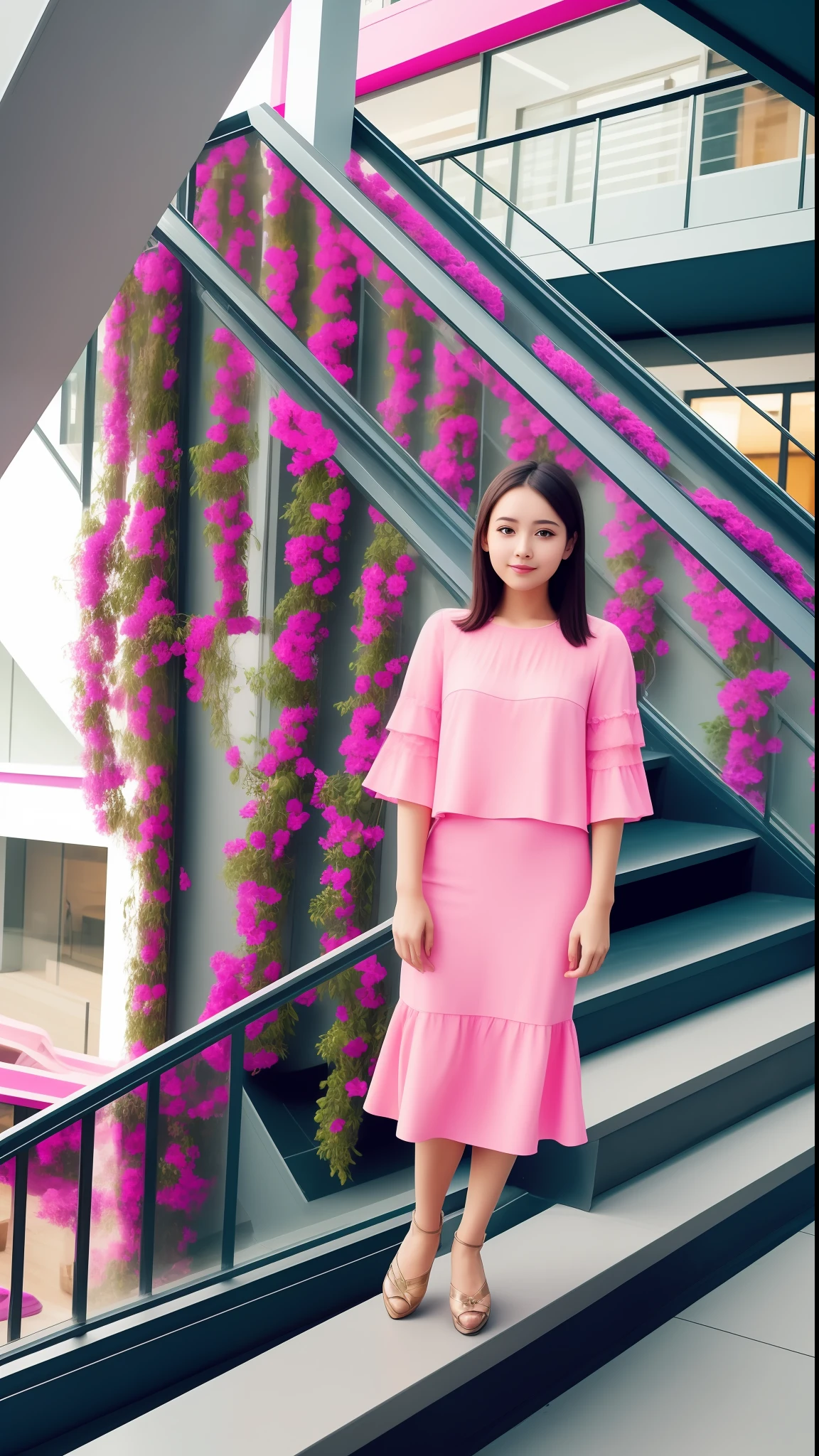 a pretty girl dressed pink colour wear glass shoes