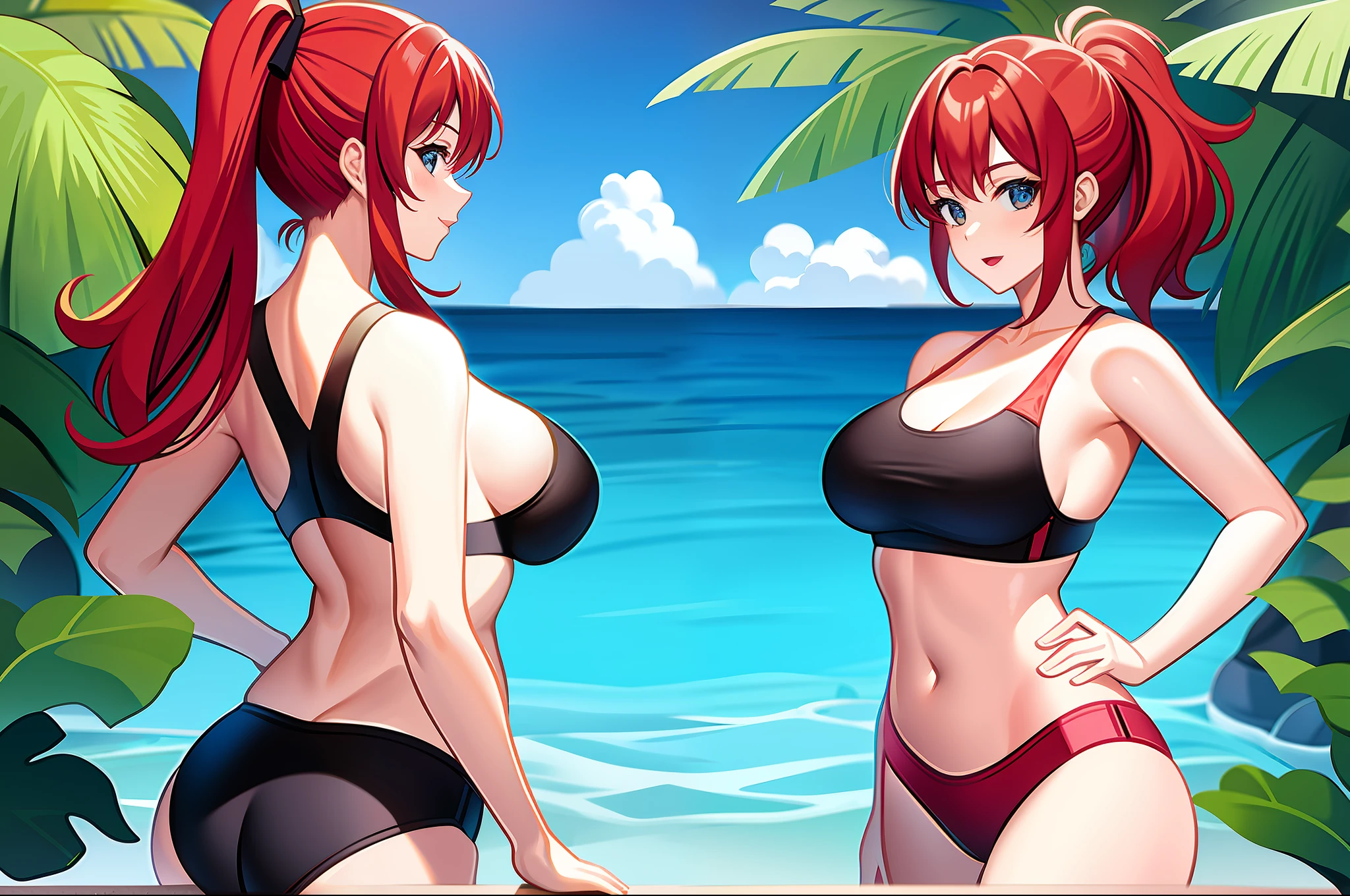 Girl with red hair ponytail young adult medium sized breasts in hot swimsuit