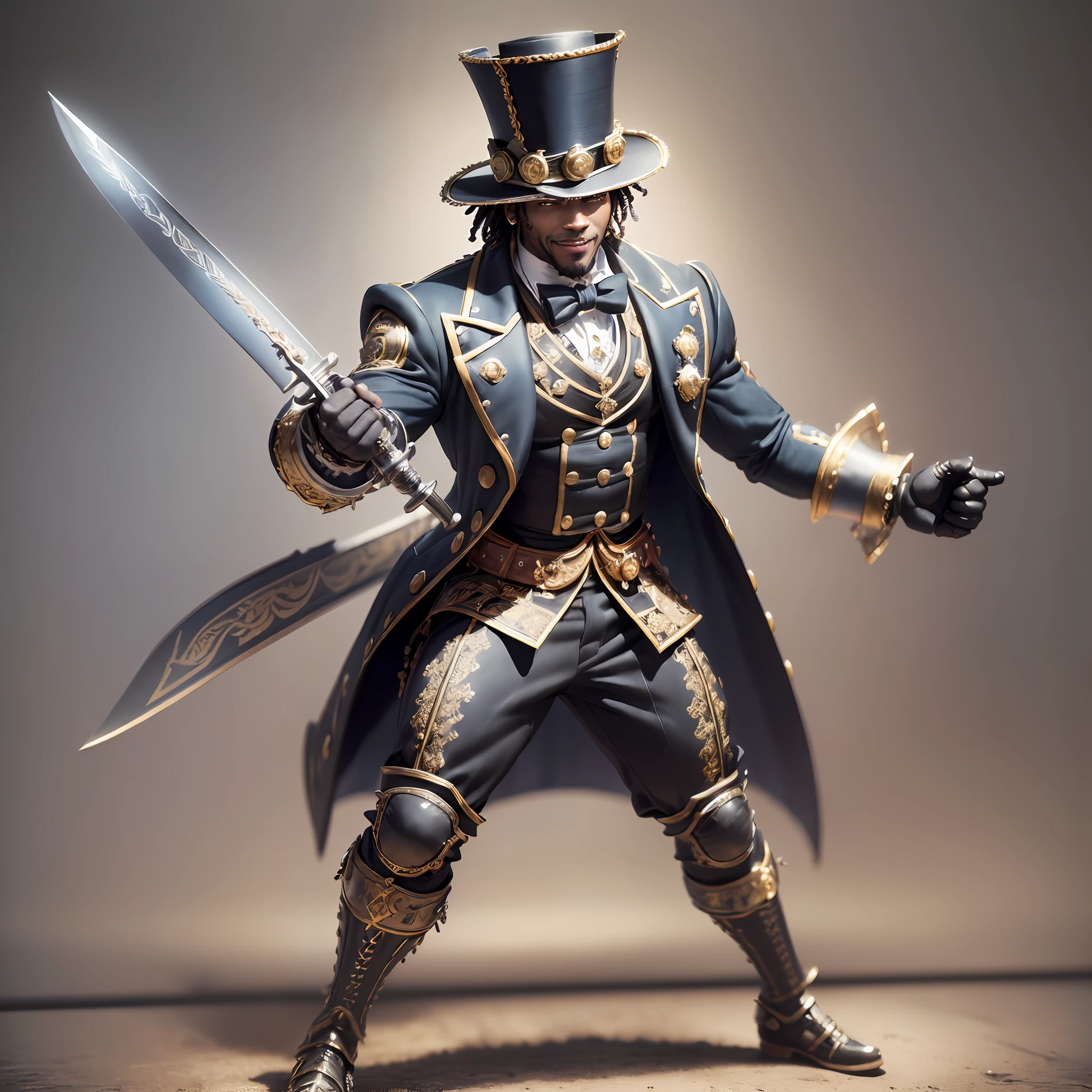 (((masterpiece))), black man, ((sarcastic smile)), (sword in left hand), steampunk style, (((full body))), (((fighting pose)), (((1 man))), top hat with 1 gear on the head, (((ultra detailed)), ((finely detailed)), detailed face, 18th century clothing, ((detailed clothing)), studio lighting, 3D, 4k, UHD --auto --s2