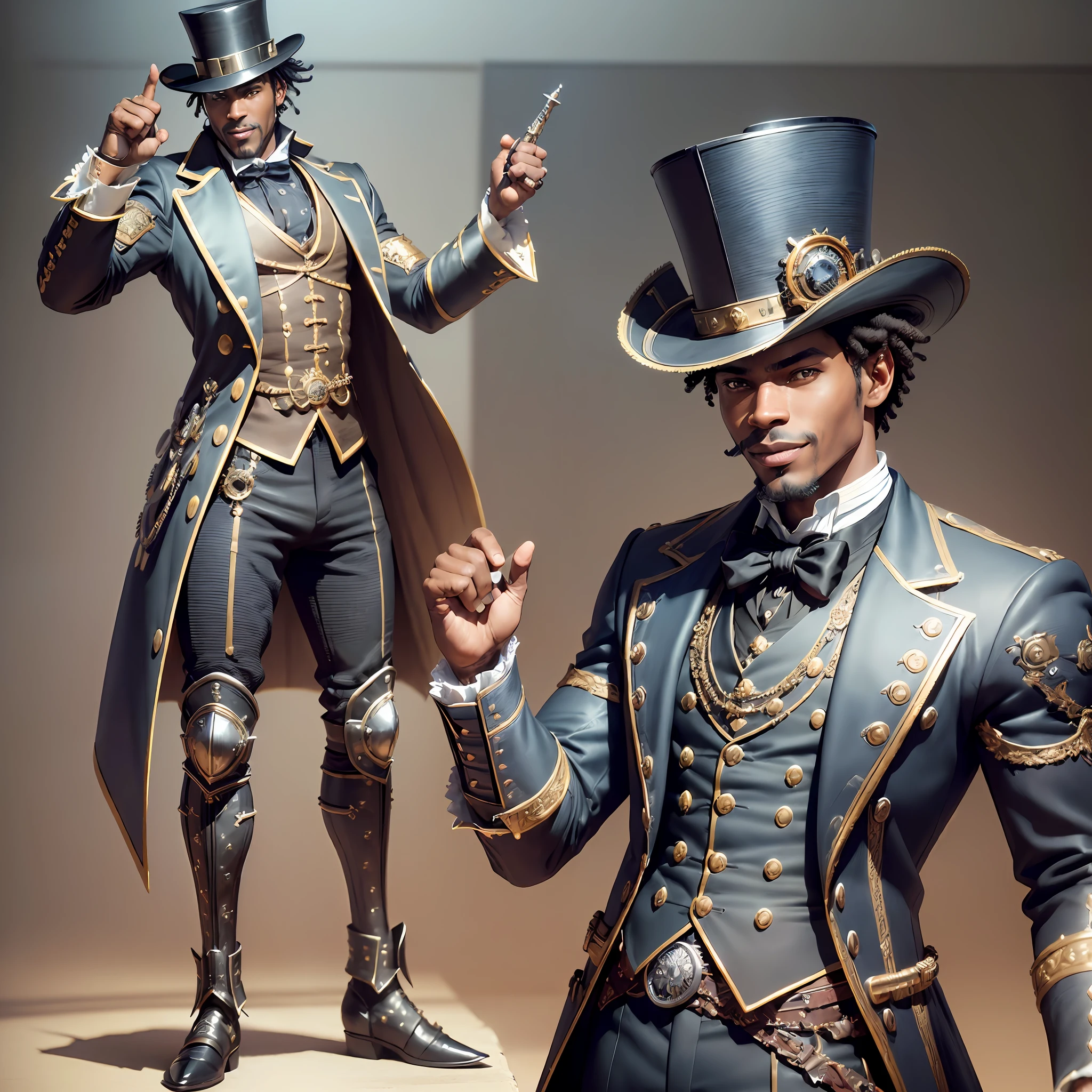 (((masterpiece))), black man, ((sarcastic smile)), (sword in left hand), steampunk style, (((full body))), (((fighting pose)), (((1 man))), top hat with 1 gear on the head, (((ultra detailed)), ((finely detailed)), detailed face, 18th century clothing, ((detailed clothing)), studio lighting, 3D, 4k, UHD --auto --s2