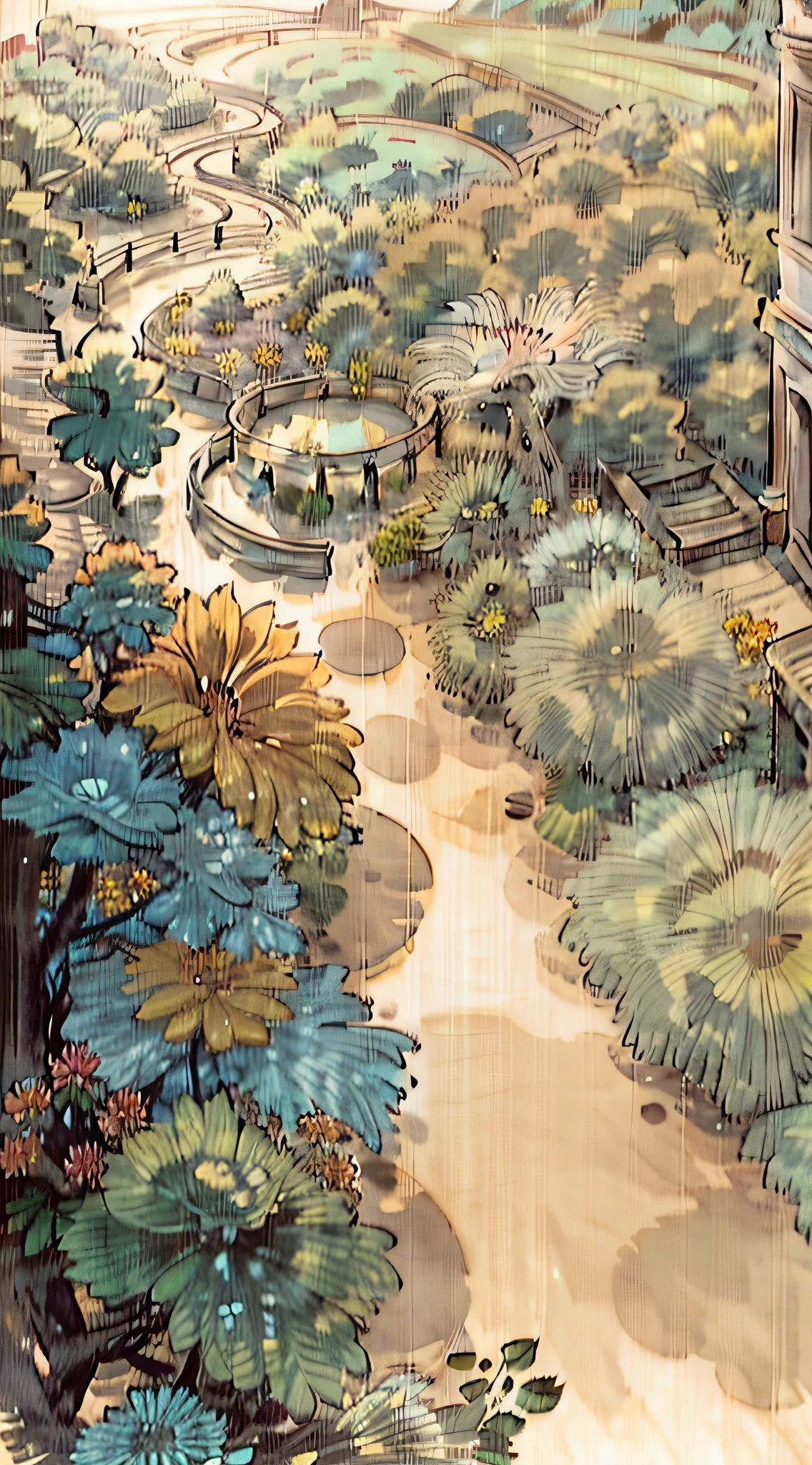 From a bird's-eye view, the camera captures the scene of a neglected flower path leading to the gate in the courtyard. The morning sun casts its rays, creating a beautiful play of light and shadow across the entire area. A gentle breeze rustles the leaves, adding a sense of movement to the serene setting. The sunlight bathes the scene, highlighting the graceful lady standing in the center, facing the rising sun. Her hair flows like a cascading waterfall, and her smooth cheeks blush with a touch of sunlight. The blooming petals of flowers along the path add vibrant colors to the tableau. The camera captures the lady's clear and serene eyes, reflecting the world's tranquility. The brilliance of the sunlight enhances the beauty of the courtyard, creating an enchanting atmosphere akin to a fairytale setting. The aerial perspective allows the audience to appreciate the overall composition and the interplay of elements, lending a cinematic quality to the scene.