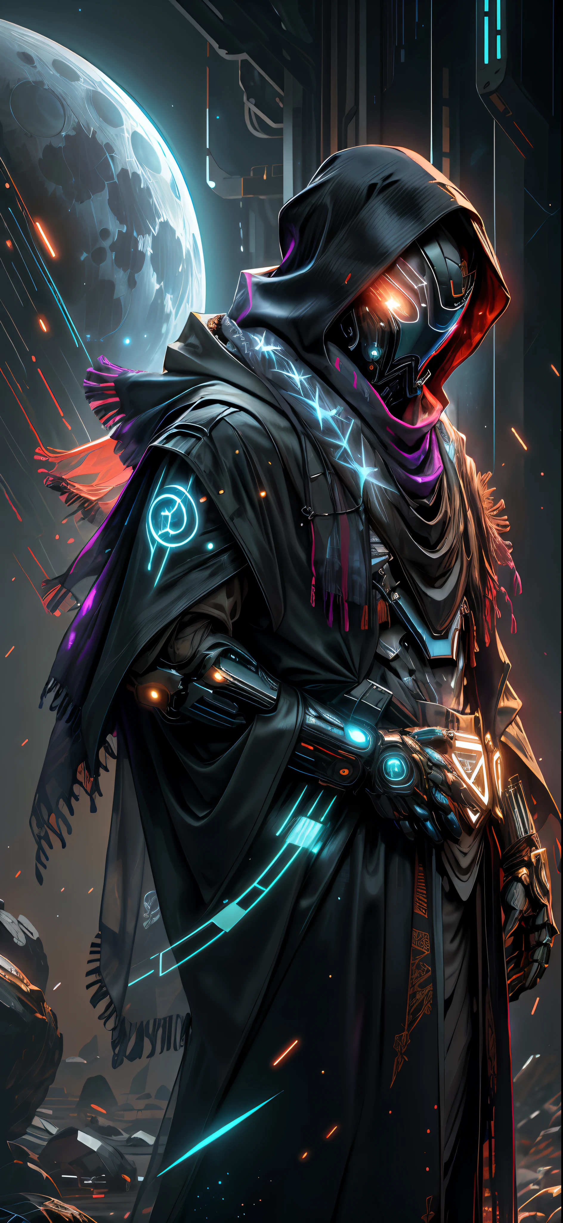 realistic,shiny,reflective,bioluminic, galactic cybernetic mask,mecha,(assassin:1.2),((((scarf,long cloak)))),sh4g0d,GlowingRunes_red,fullbody,cinemnatic,dark background,starry,big moon,backlight,high contrast,