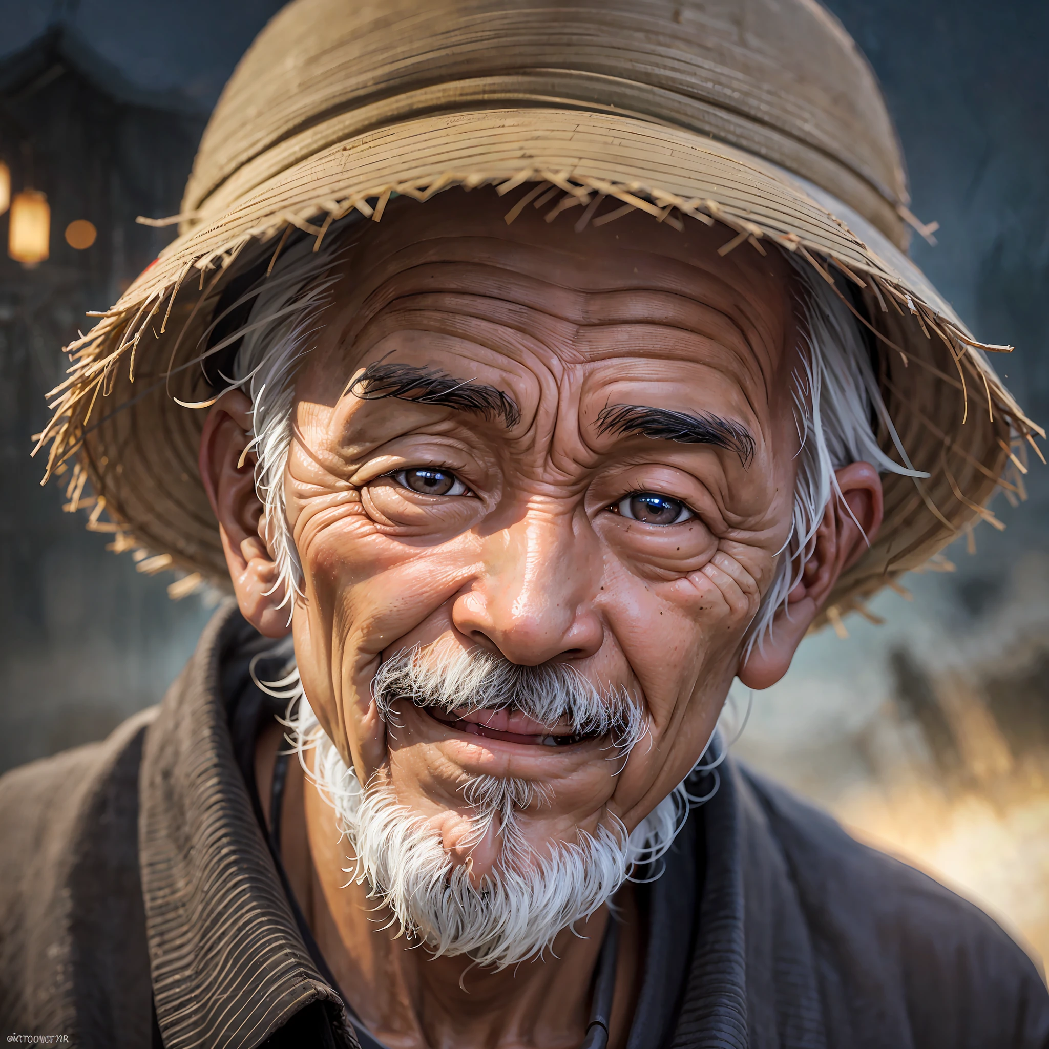 A close-up of a Vietnamese old man's face, illuminated by the light of a fire, with a backdrop of a dirty river and a shanty town. --auto --s2