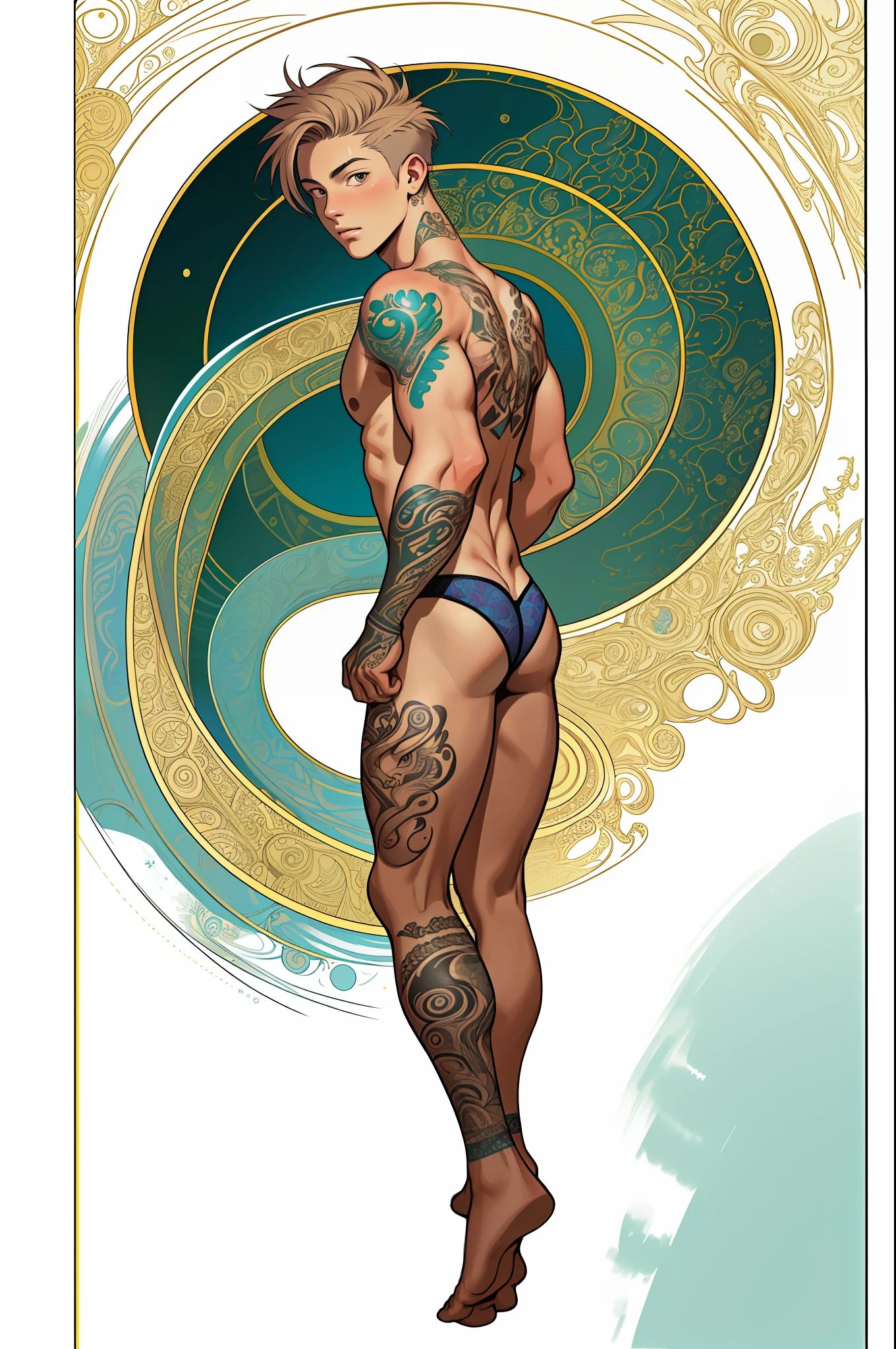Masterpiece, Best Quality, High Resolution: 1.4), Detailed, Intricate Detail, 4K, Color Splash, Line Art, Art, Fibonacci, Cute Boy, Thong, Nude, Skinny, Short Hair, Tattoo, Back