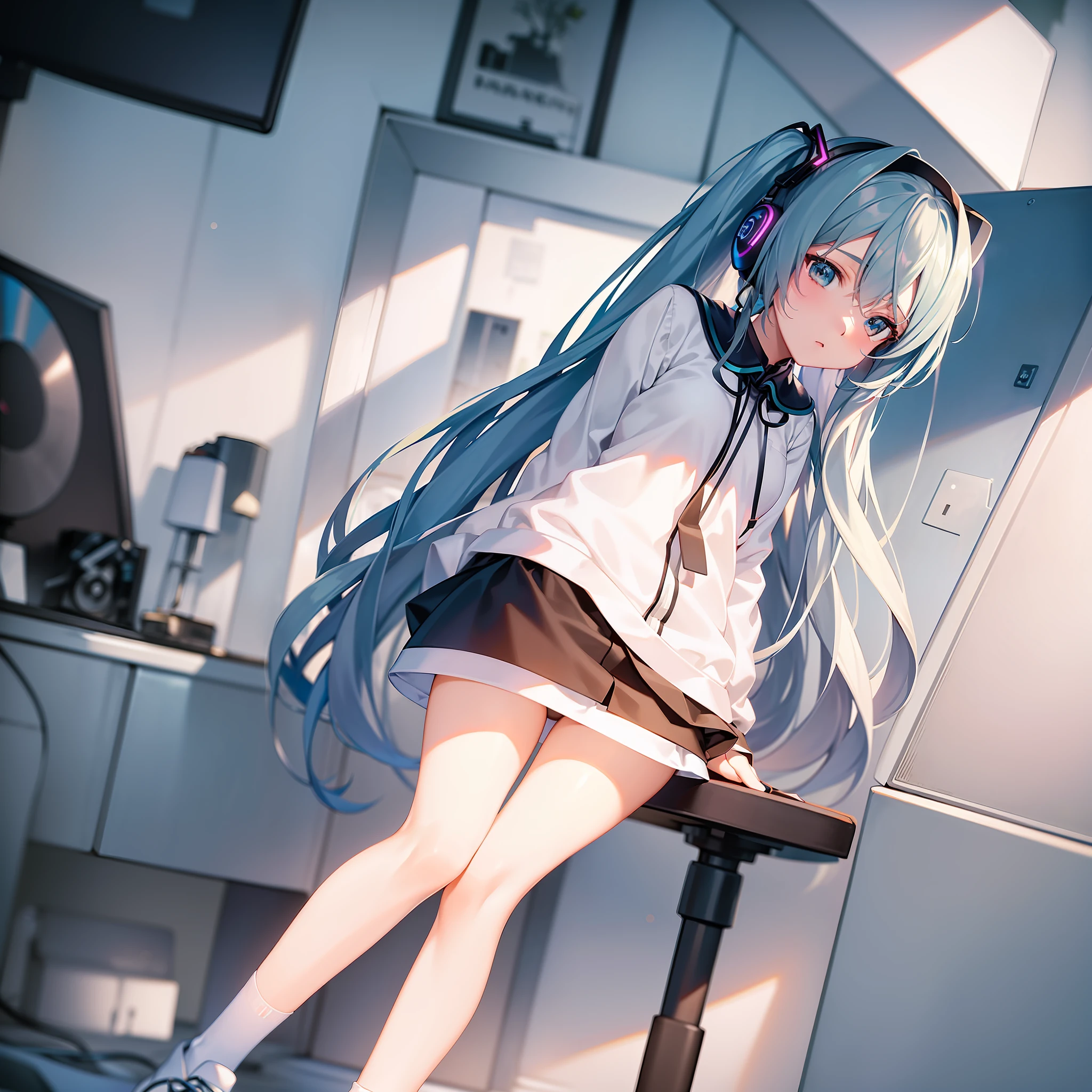 【Prompt】 (highest image quality), HD, super detailed picture, excellent aesthetics, (1 female), (white headphones + music: 1.2), hatsune miku, full body, (shabby wind + qipao: 1.1 + half off: 1.4 + light and shadow: 1.2), (blur in the background + focus: 1.3 + hips: 1.1), in the room, sitting in front of a white computer, 4k, white over-the-knee socks