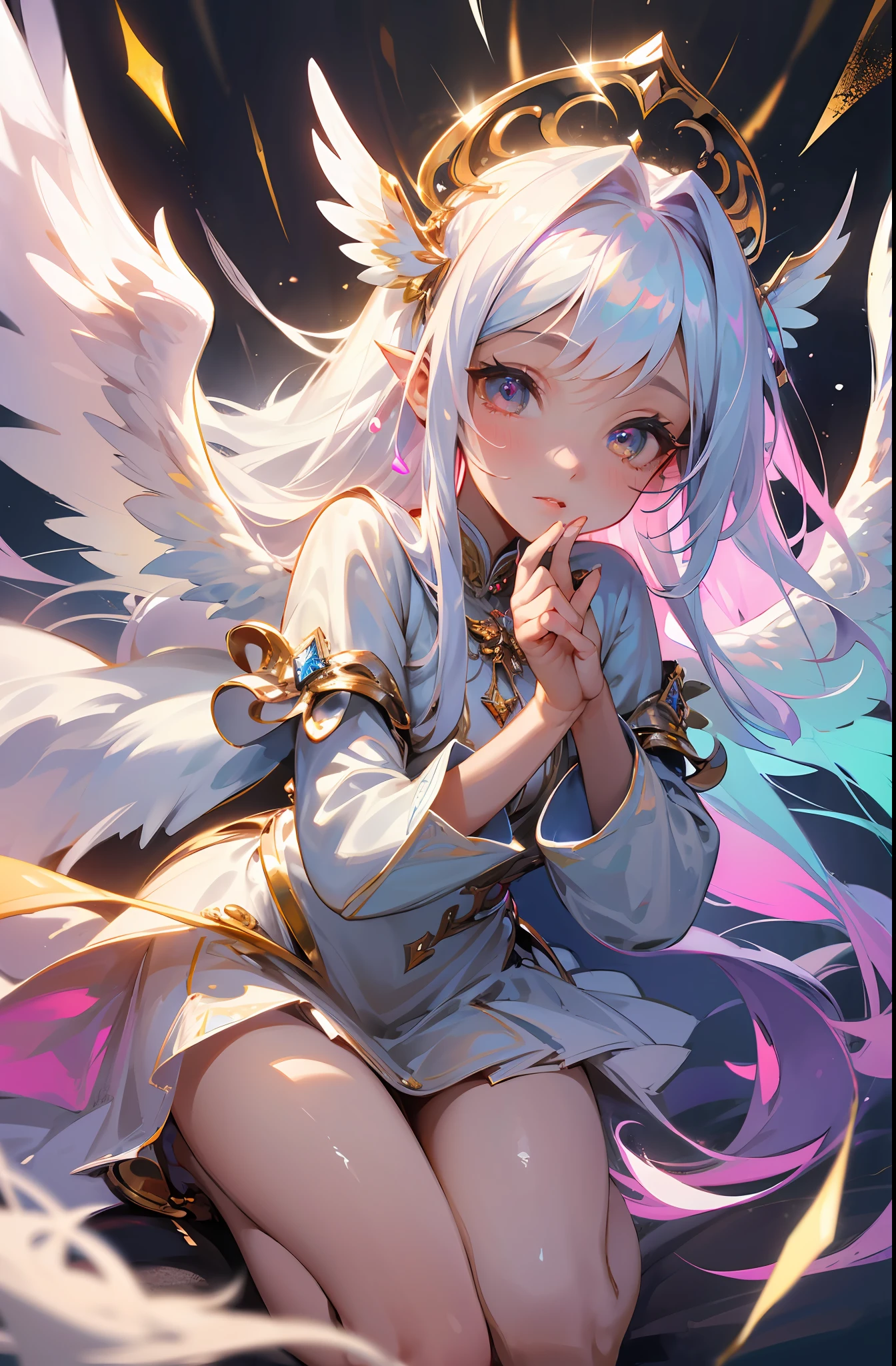 (Masterpiece: 1.4), (Best Quality: 1.4), (Very Cute Angel Girl, Super Detailed Face, Jewel-like Eyes, White Very Long Hair, Colorful Gradient Hair: 1.4), (Angel Ring:
1.4), (Angel Wings: 1.4), (Full body, perfect 2 arms, perfect 2 legs: 1.4), Perfect 4 fingers: 1 thumb, light, shine, bokeh, super fine