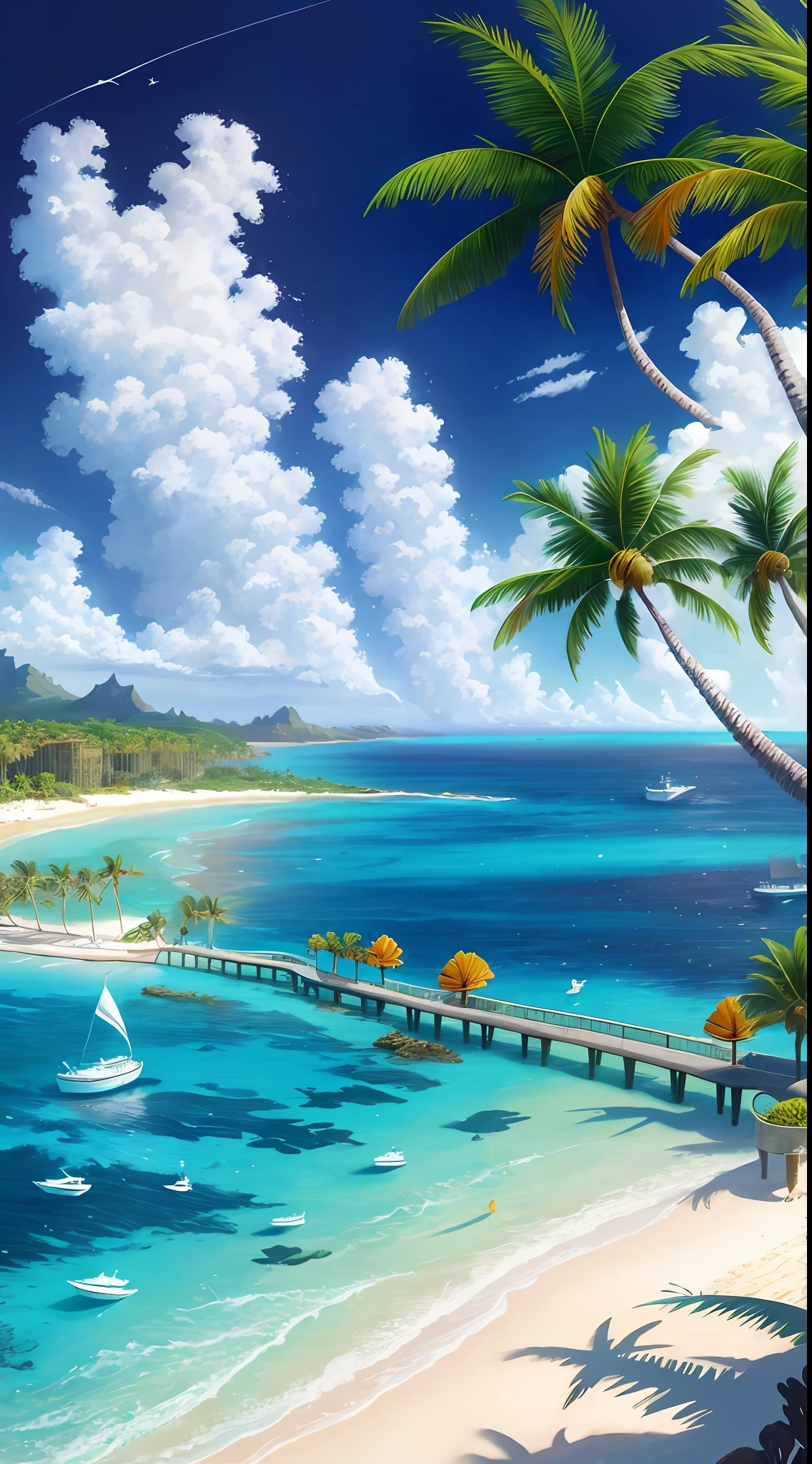 ocean, coral reef, palm trees, amazing wallpaper, magnificent background, surrealism 8k, beautiful art UHD 4k, wallpaper 4k, wallpaper 4k, 4k hd illustration wallpaper, beautiful wallpaper, 4k wallpaper, 4k wallpaper, epic surrealism 8k oil painting, highly detailed surreal visual effects