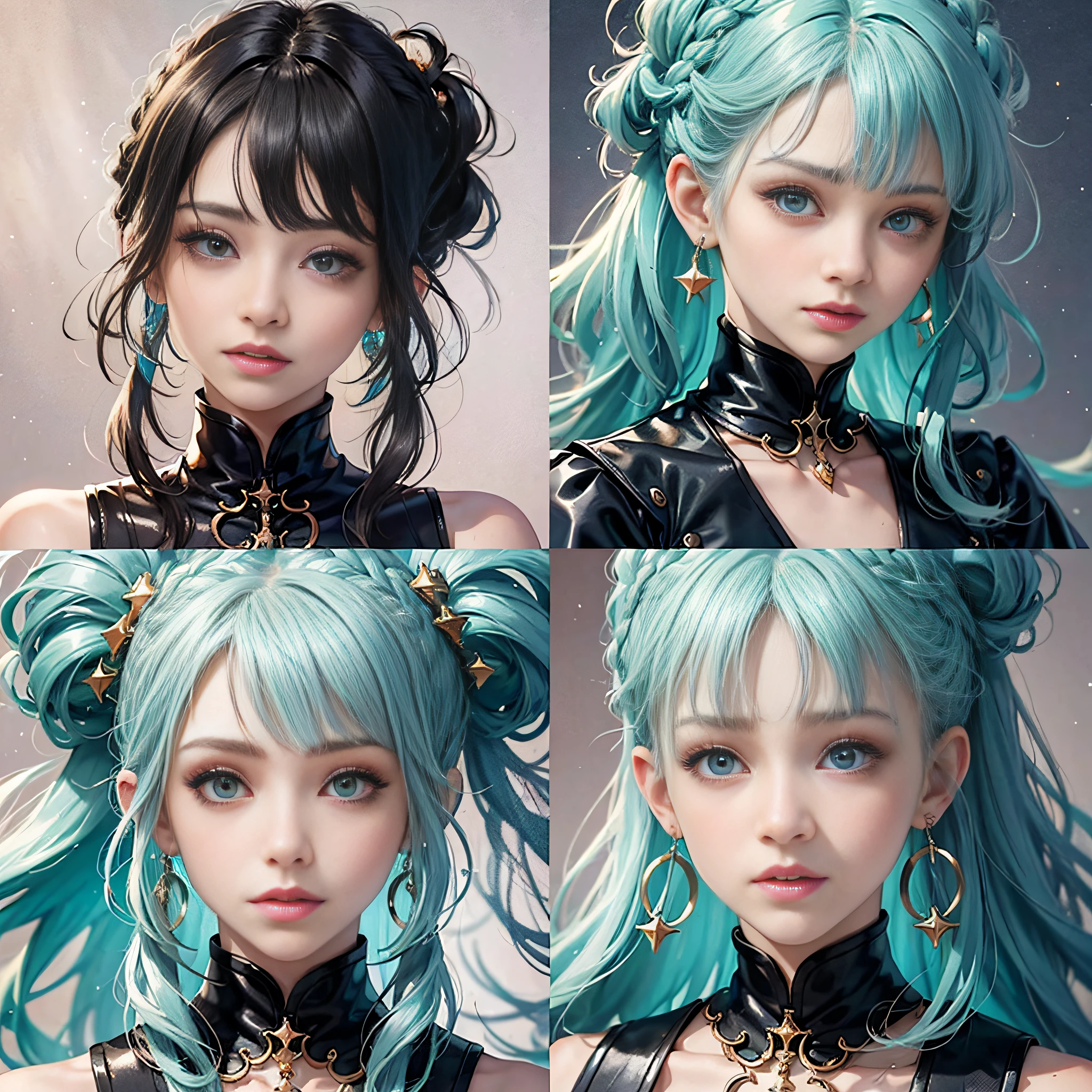 Gradient hair, blunt bangs, braided ponytail, expressive hair, hair bubbles, star pupils, aqua eyes, pointed ears, crescent earrings, shyness, parted lips, naughty face, sparkling, rococo style, modern, minimalist, glowing light, blooming, projection illustration, multiple views, high detail, textured skin, masterpiece,