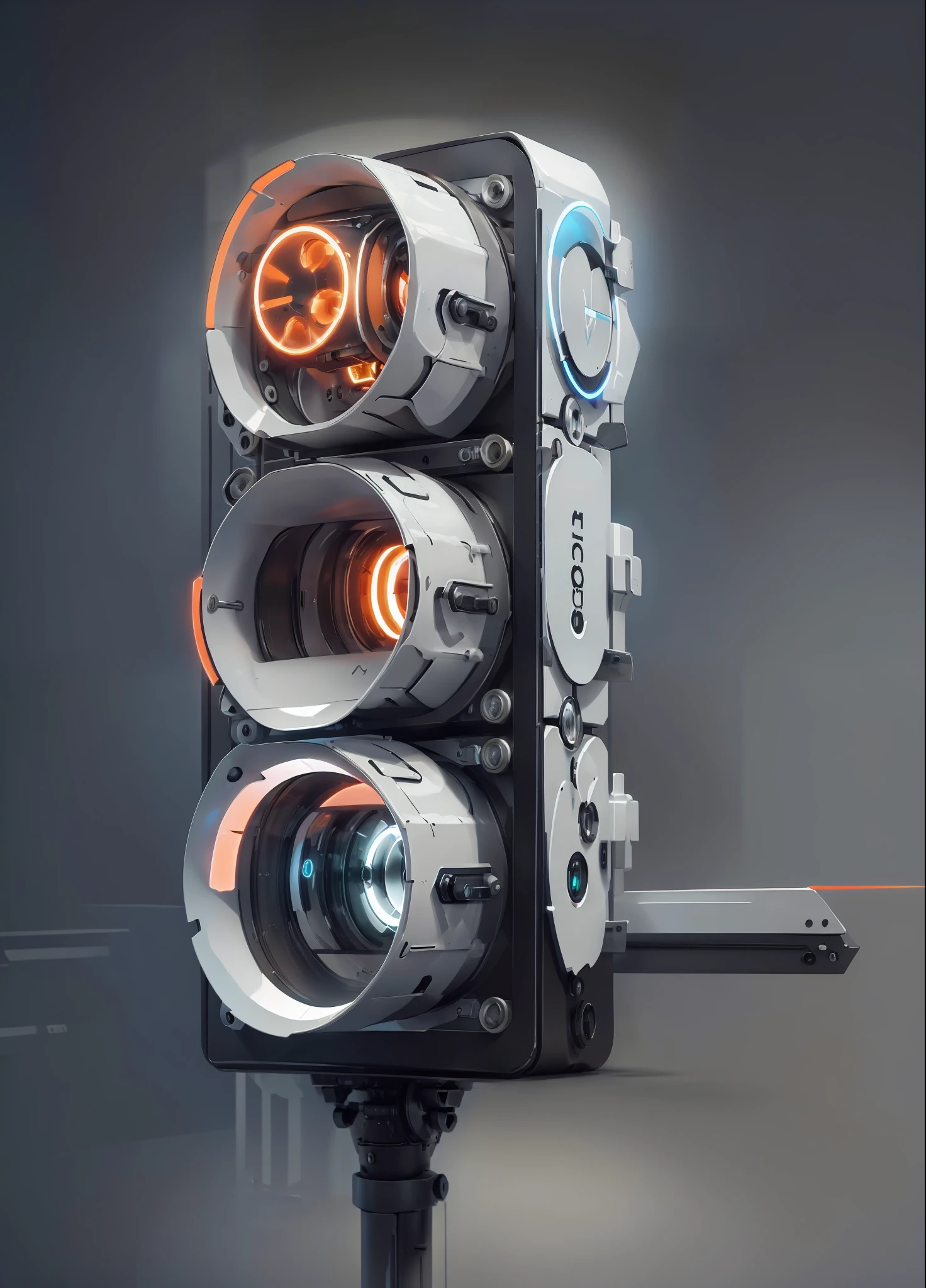 a white plastic producr design of traffic lights with three orange lights, (masterpiece), (best quality), photorealistic, 8k raw photo, ultra high res, mechanics, mechanical parts, product photo, studio shot, complex lighting, dark grey background studio