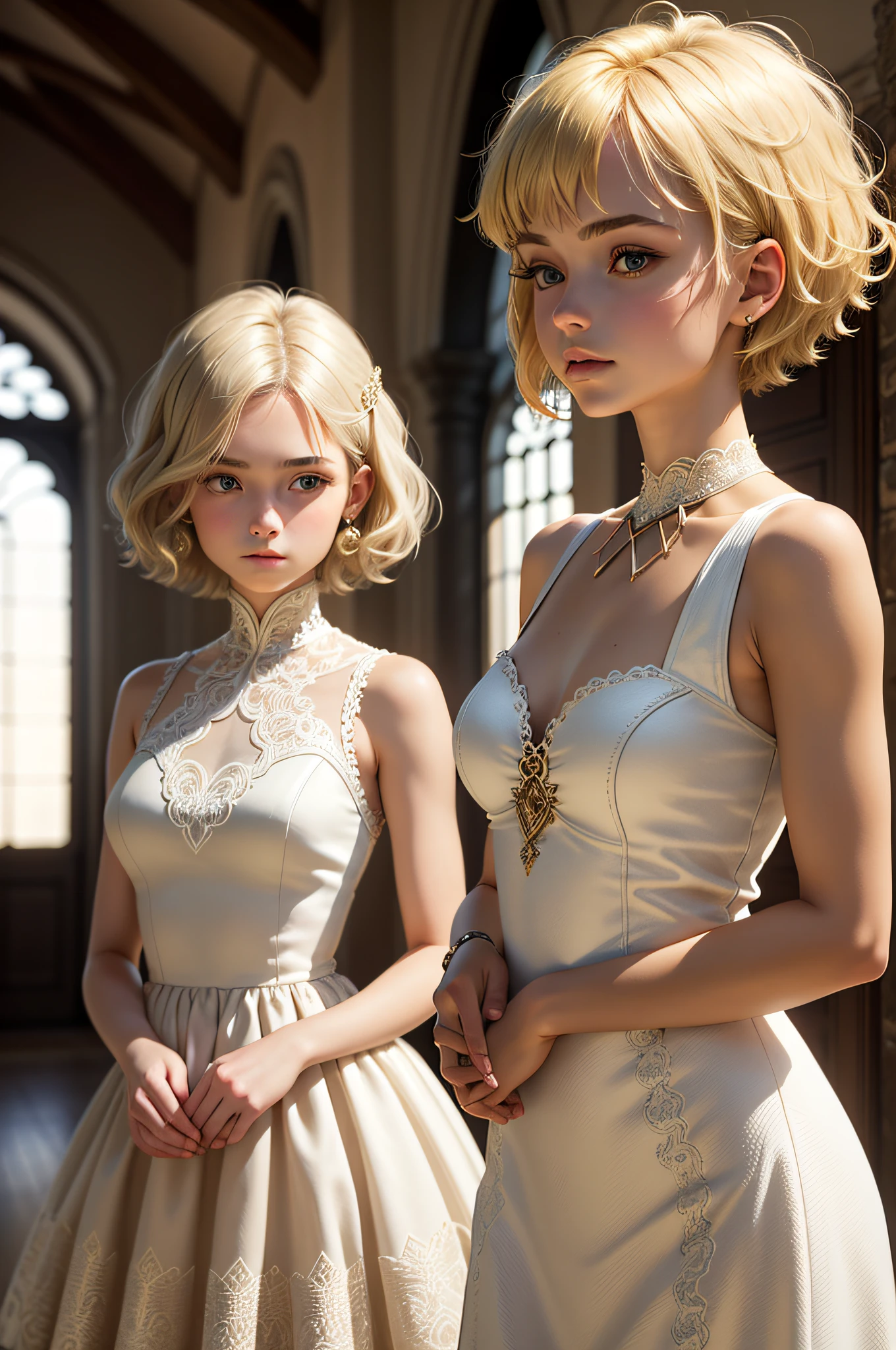 18 year old girl, amazing dress, short dull hair, blonde, beautiful face, roof, masterpiece, intricate details, perfect anatomy