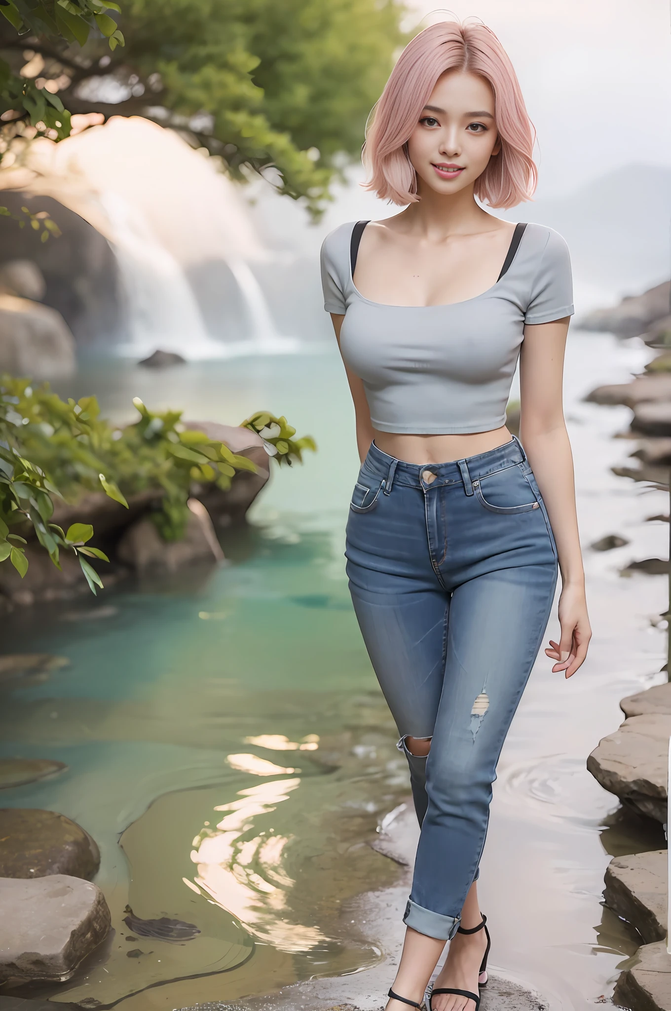 Realistic, photorealistic, 8k HD, masterpiece: 1.5, Focus: 1.5, Allad Asian woman in crop top tight long jeans and blue-gray short sleeves, background: 1.5 (foot of the mountain, by the stream, posing), cute schoolgirl, slim and perfect, (bobo head, fashionable mid-point fluffy short straight hair: 1.2), Japanese 18-year-old girl, wearing long skinny jeans, wearing ripped tight long jeans (low waist crop top, micro-flared, trousers: 1.5), (hole: 0.6), (branded jeans: 1.5, realistically detailed jeans texture and stripes: 0.8, realistically detailed jeans graininess: 0.8), wearing blue-gray tight short sleeves (brand: 1.5, slim, realistic clothing texture: 1.5), wearing stiletto sandals (delicate stiletto shoes crystal band sandals, high quality: 1.2), surreal schoolgirl, dressed as schoolgirl, surreal schoolgirl, realistic schoolgirl, walking, schoolgirl posing, modeling pose, shooting full body ((full body:1.8)), beautiful skin, glowing skin, slim beautiful thighs, perfect thighs, perfect calves, white and tender toes, beautiful breasts: 1.5, beautiful breasts: 1.5, beautiful buttocks: 1.5, best quality, white skin, real skin, (detailed face), goose egg face, pores, super high resolution, (8k, RAW photo, photorealistic:1.4), 1girl, slim, (smile, teeth and tongue:1.2, look at the audience with a serene goddess-like look happiness:1.2), ( fashion hairstyle: 1.2, lip gloss, eyelashes, glossy face, best quality, super high resolution, wide lighting, natural shadows), ((fair pink toes: 1.5, stilet strap sandals: 1.5))), shoot the whole body (1.8) --auto --s2