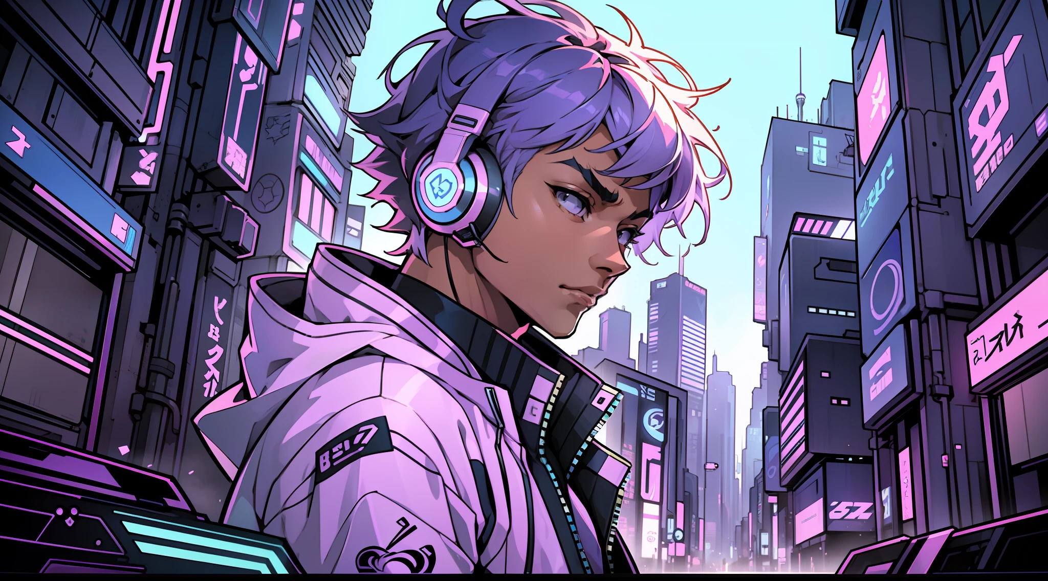 Draw a cool man wearing anime jacket in a futuristic city, listening to his favorite music and conveying his emotion, ultra-detailed details, soft and delicate lines, vibrant light, bold geometries, stunning textures, use blue and purple colors. --auto --s2