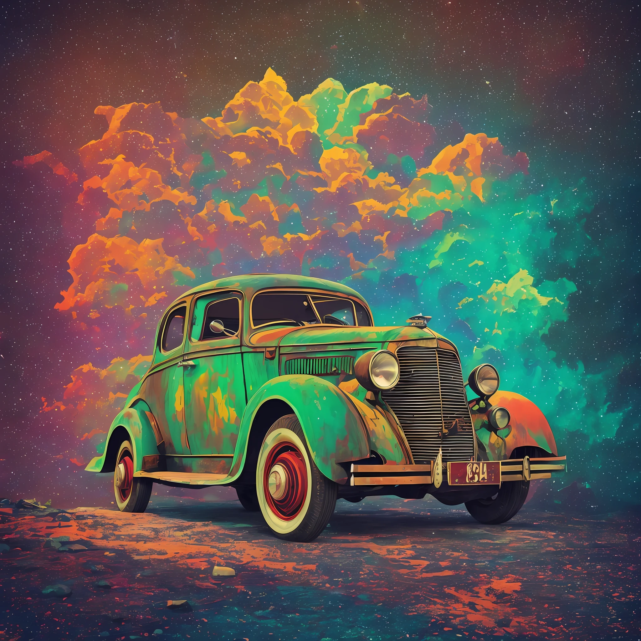 an old jalopy from the 1930s, himalayan mountains, centered 2d vector logo for t-shirt printing, vivid neon splash colors, mood of tranquility, happiness, ambient lighting, 8k, 16k, hd, octane render, super detailed, super realistic, intricate details, focus on artstration