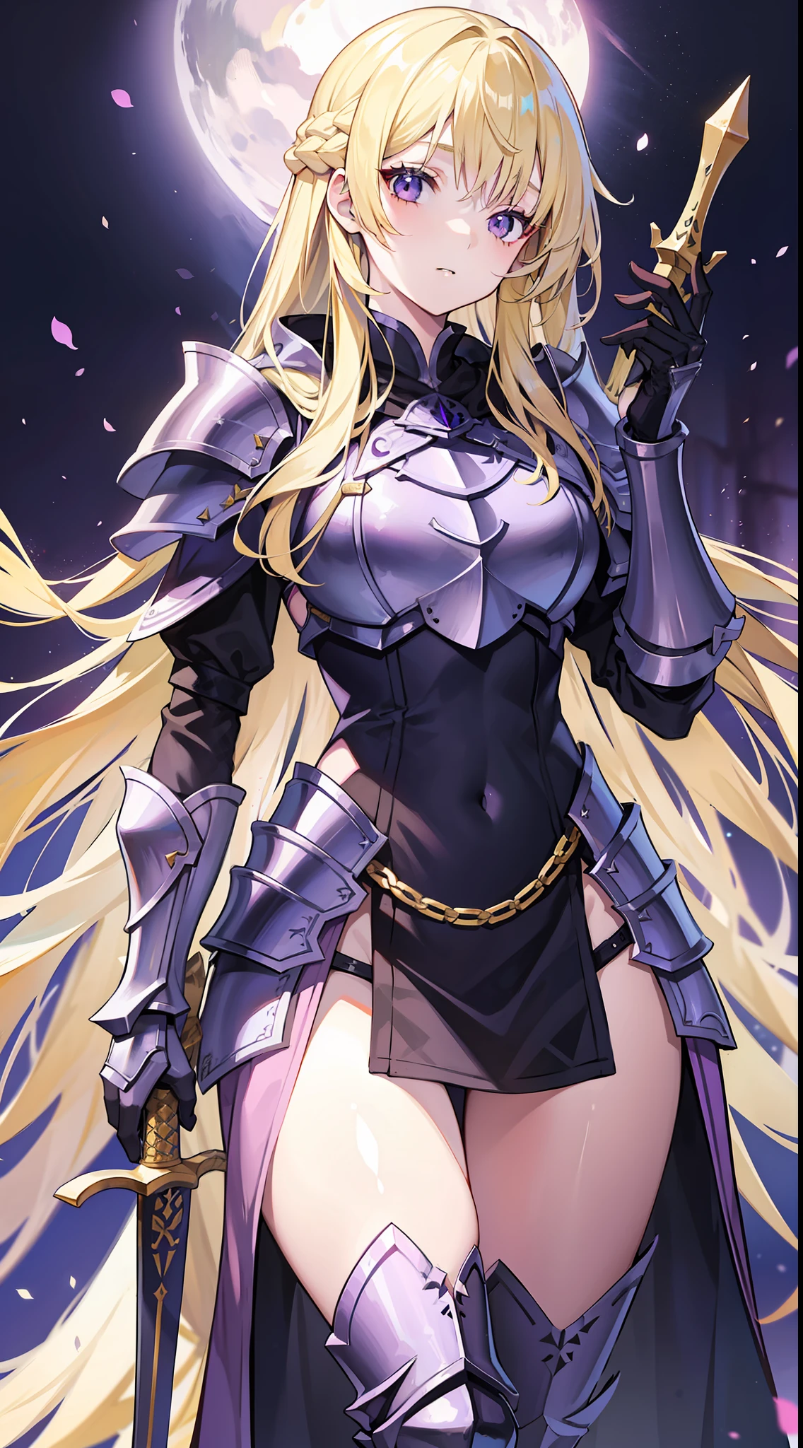 Young girl, long blonde hair, purple eyes, scar on her face, heavy fantasy armor, cloak, sword, masterpiece, high quality