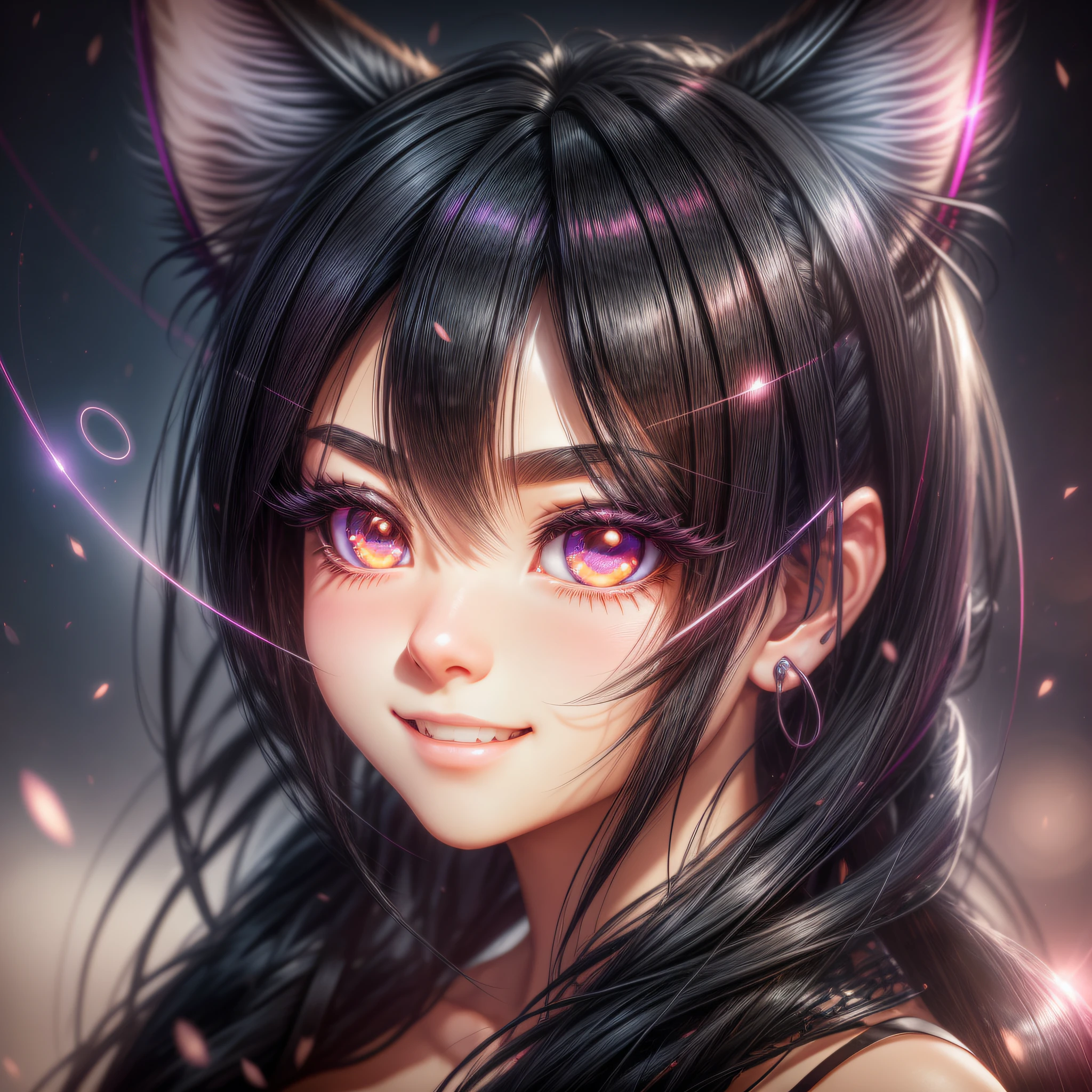 black hair, hair bobbles, wince, longeyelashes, solid circle eyes, fake animal ears, light smile, ear blush, fang, Surrealism, drop shadow, anaglyph, stereogram, tachi-e, pov, atmospheric perspective, 8k, super detail, ccurate, best quality --auto --s2