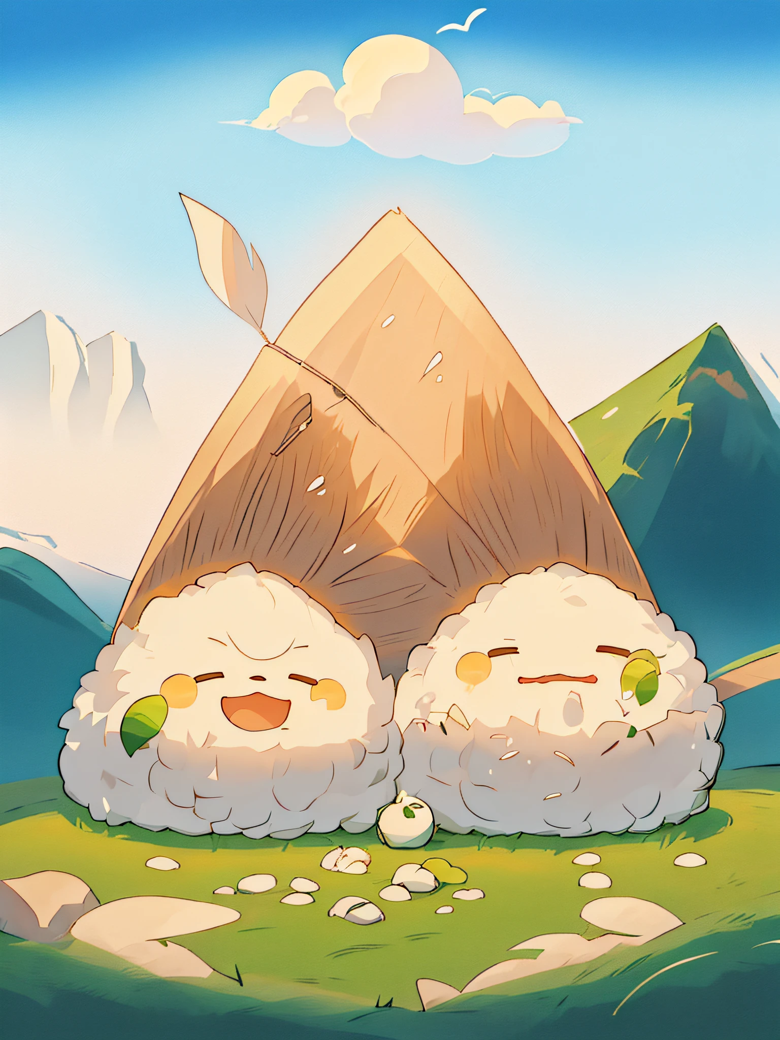 there are two rice balls with faces on them sitting in the grass, mobile game art, shirabii, cute detailed digital art, negao, dojo on a mountain, cute illustration, cute detailed artwork, by JoWOnder, amazing food illustration, inspired by Josetsu, lofi art, by Kanbun Master, sumai-e artstyle