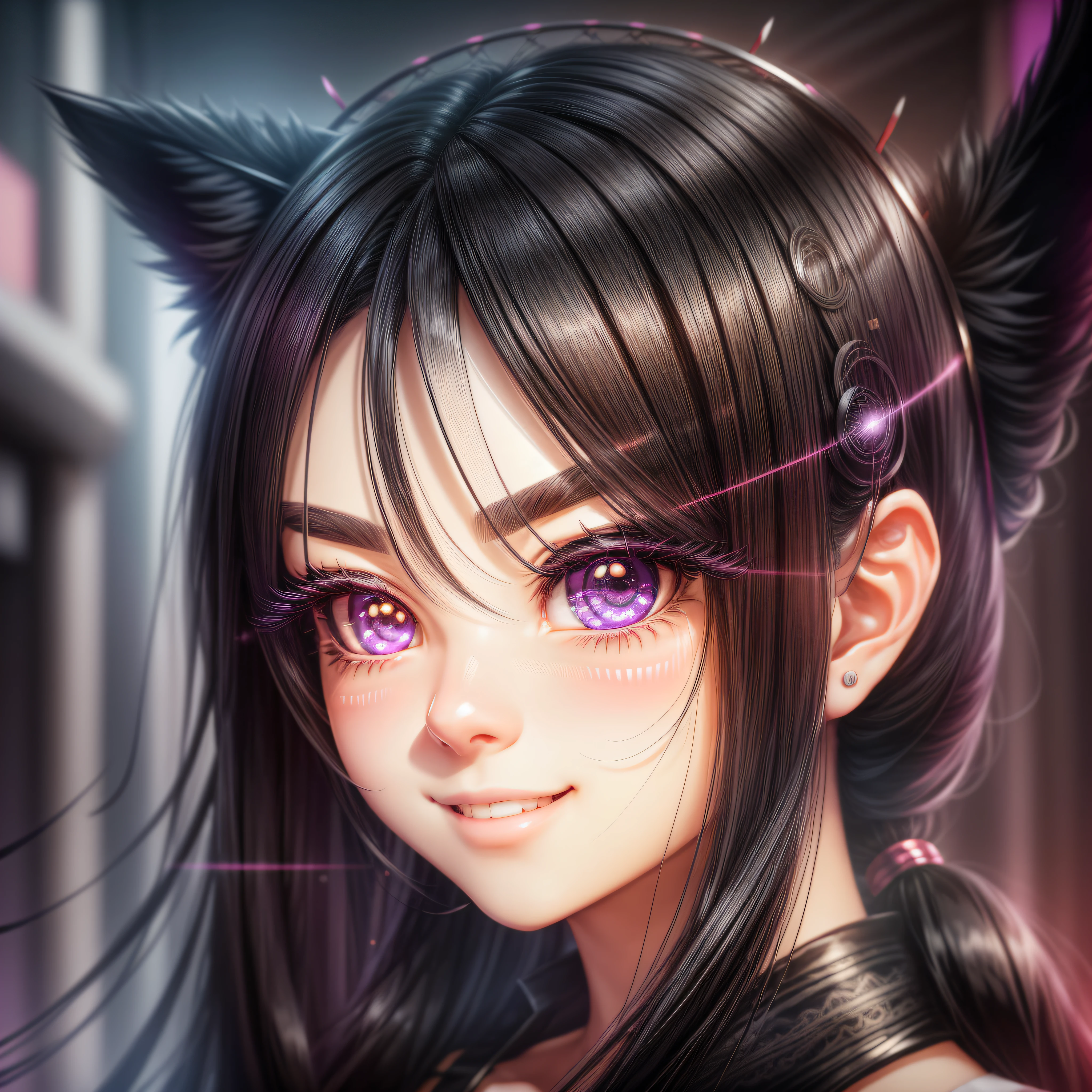 black hair, hair bobbles, wince, longeyelashes, solid circle eyes, fake animal ears, light smile, ear blush, fang, Surrealism, drop shadow, anaglyph, stereogram, tachi-e, pov, atmospheric perspective, 8k, super detail, ccurate, best quality --auto --s2