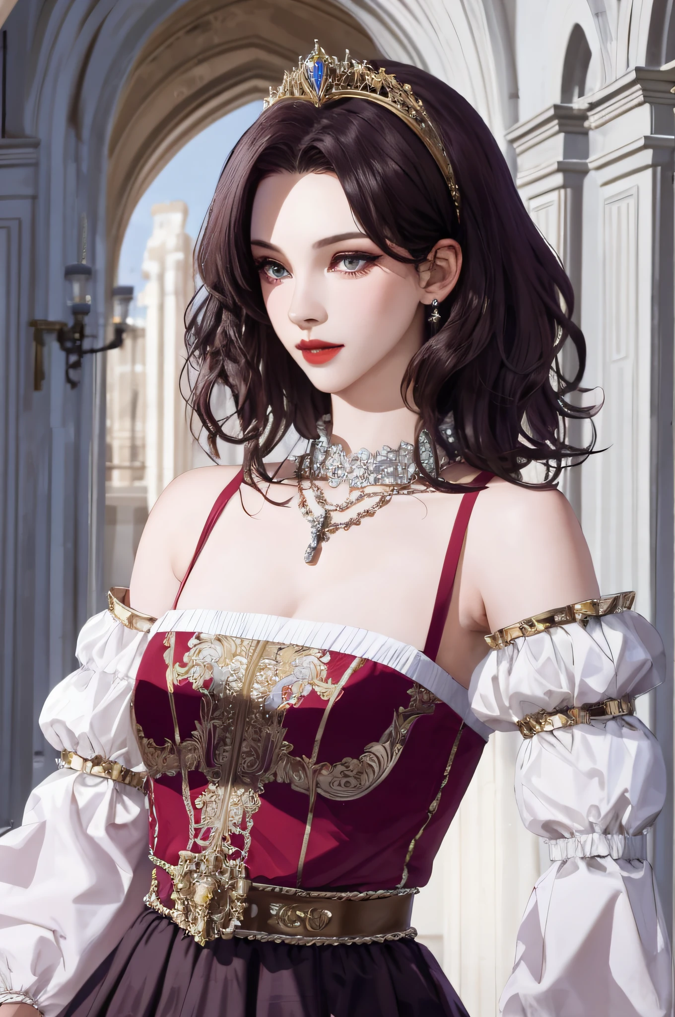 8k, best quality, masterpiece, highly detailed, semi realistic, a girl, young female, 20 years old, dark brown short hair, curly hair, banks, dark purple eyes, red lips, gorgeous Rococo style court dress, strapless skirt, cross tie vest, bare shoulders, arm puffy sleeves, gold gem necklace, slim figure, silver crown, cool expression
