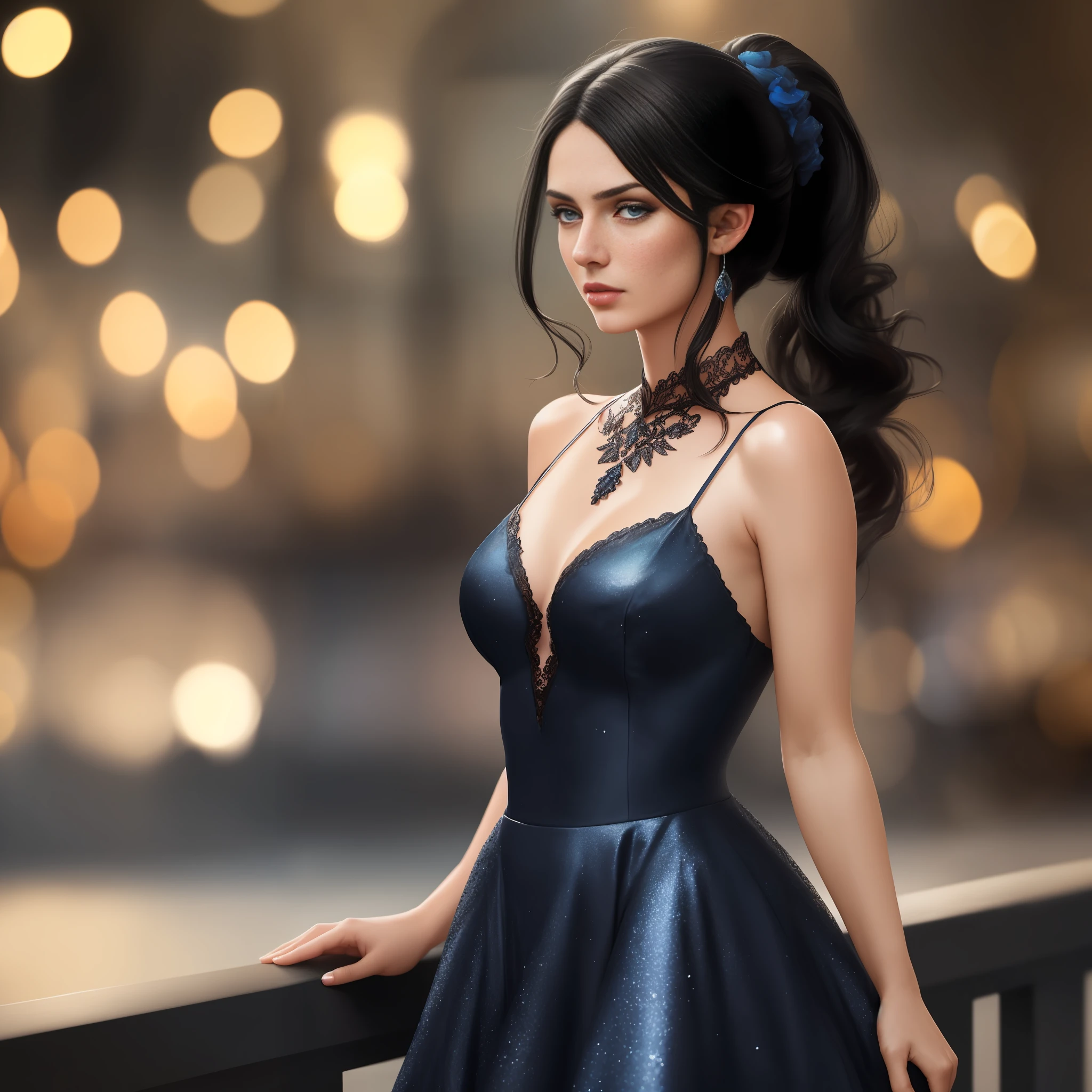portrait of a girl in her twenties, black hair, blue eyes, ponytail, natural skin texture, 24mm, ((8k)), 4k textures, soft cinematic light, HDR, intricate, elegant, highly detailed, sharp focus, cinematic look, insane details, intricate details, cinematic light, exposure mix, faded colors, vibrant, summer dress, outdoor, ambient light, heels, neckline, standing, (bokeh), ((seductive))