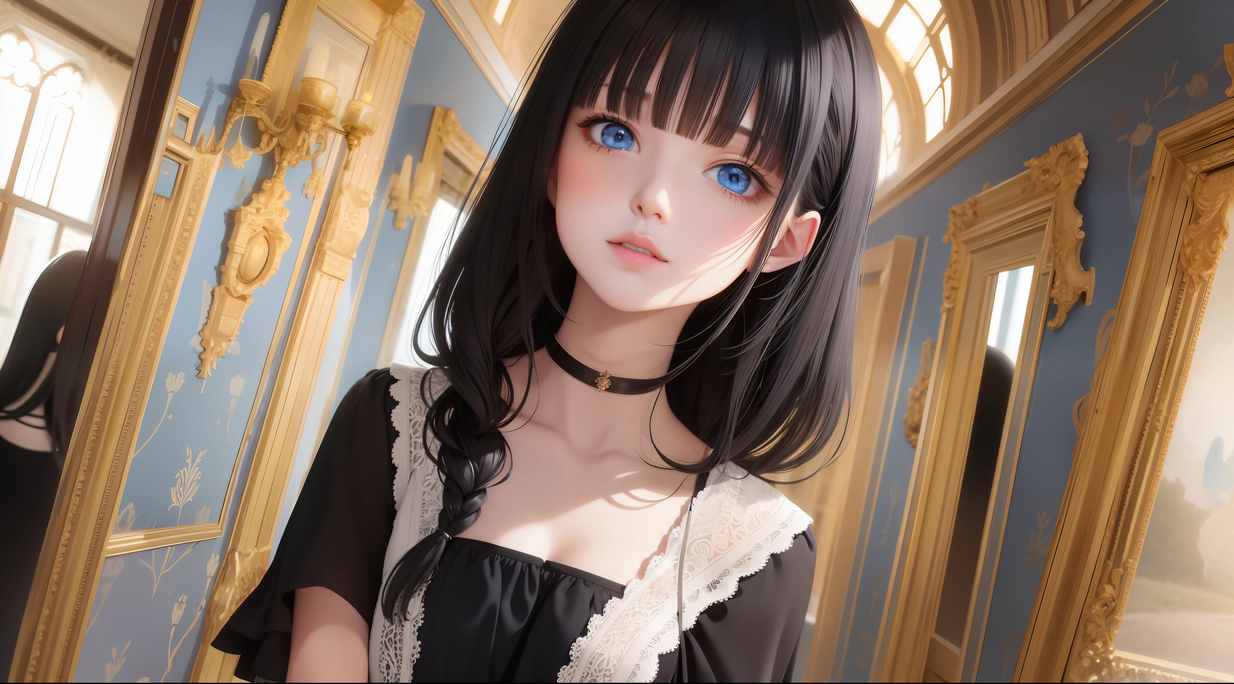best quality, masterpiece,Black hair, blue eyes, looking up, upper body