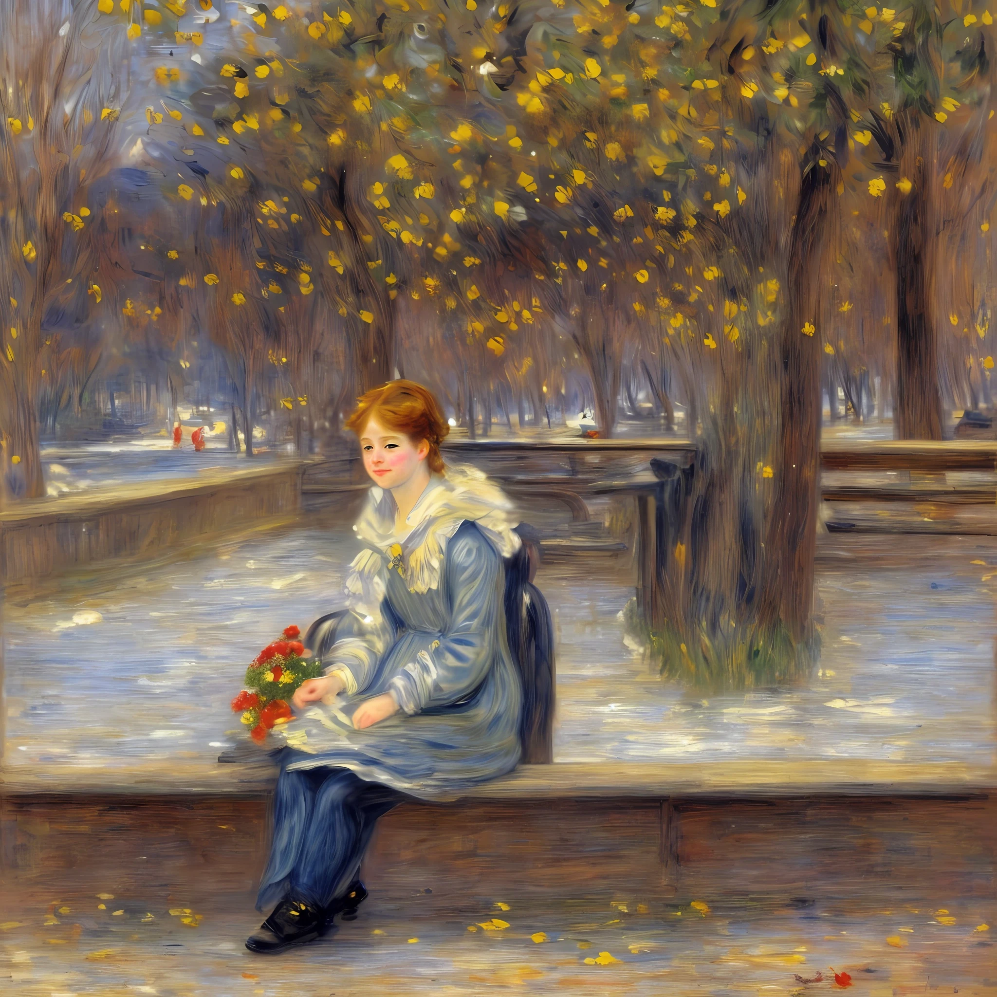 An impressionistic art piece of a woman sitting on a bench in a public park in European winter using expressive brushwork. Use loose brushstrokes and bold colors to create an image that feels energetic and captures the essence of the subject and setting. This style is reminiscent of the works of artists such as Claude Monet, Vincent van Gogh, and Pierre-Auguste Renoir.