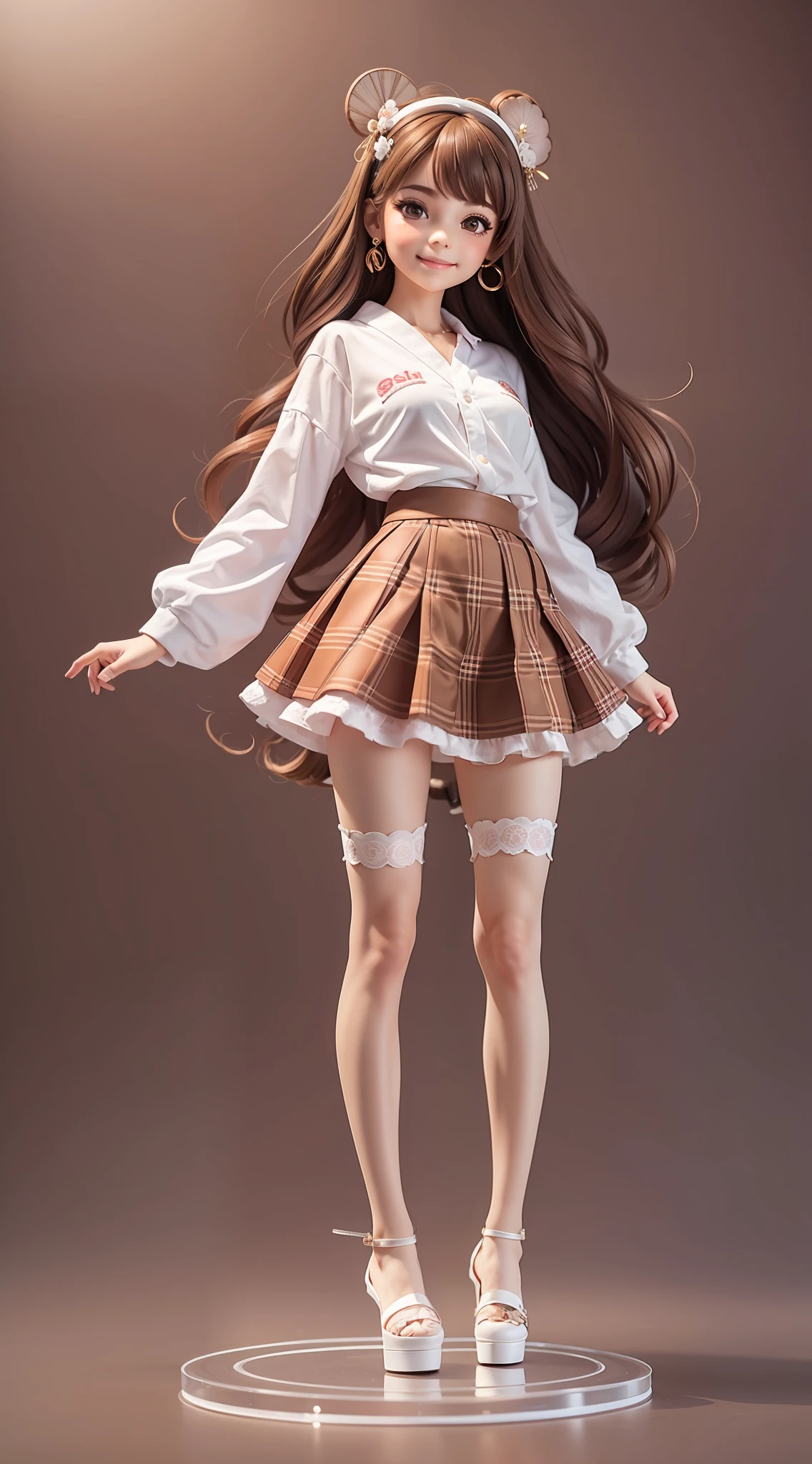 1girl, (anatomically correct), full body, (white shirt:1.1), (plaid skirt: 1.1), school sportswear, lace kimono, (brown stockings), (brown heels), broken [brown: pink: 0.5] theme, (gradient background: 1.1), long hair, (monkey hair ring), dark eyes, smile, delicate headdress, clay texture, standing on round transparent glass, blind box toy style, sideways, panorama, (masterpiece: 1.1), (best quality: 1.1)