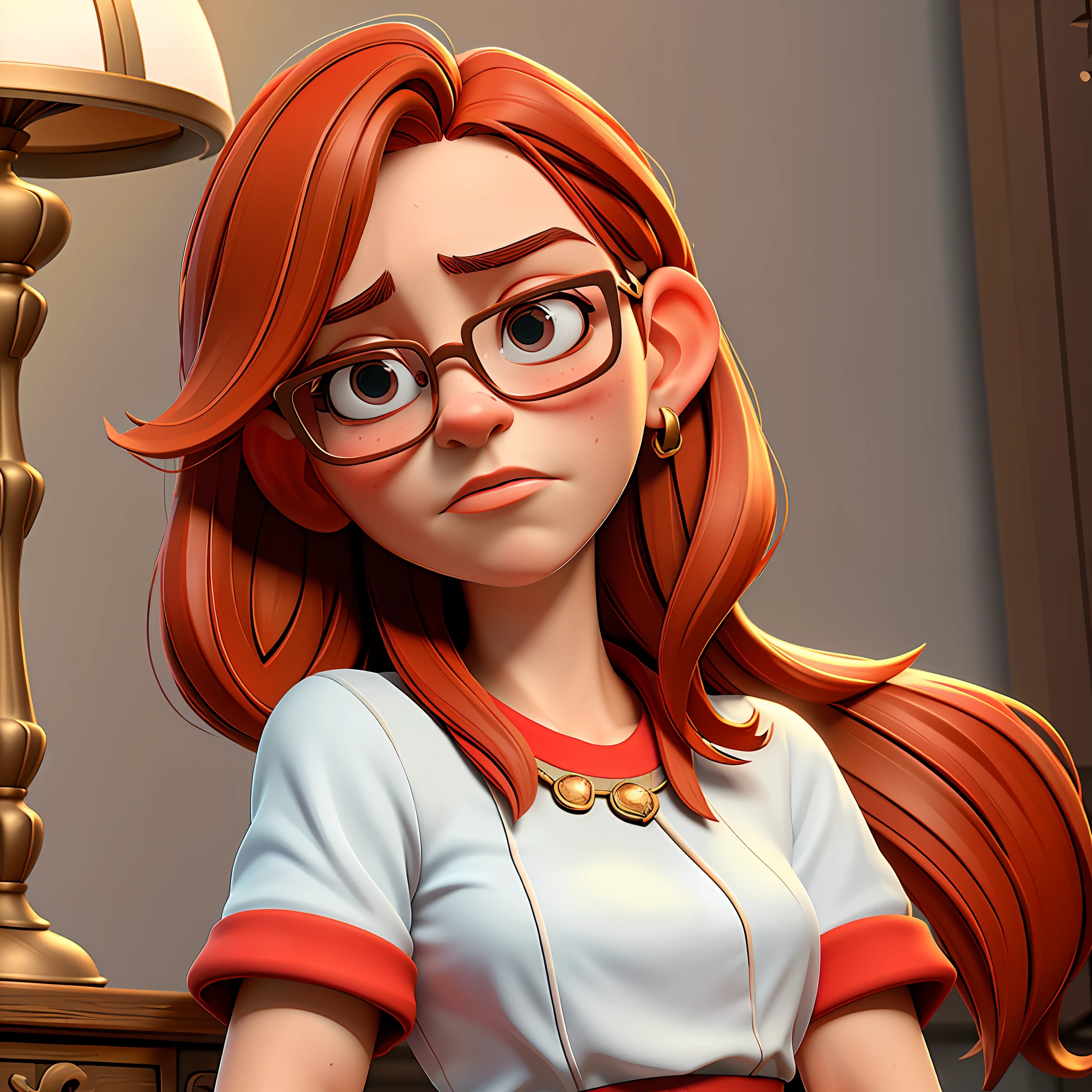 ((masterpiece)),((best quality)),((high detail)),((realistic,)) female teenage character, wearing glasses,red hair, One person (setting: bedroom) (modern clothing)brown eyes, (portrait) thoughtful