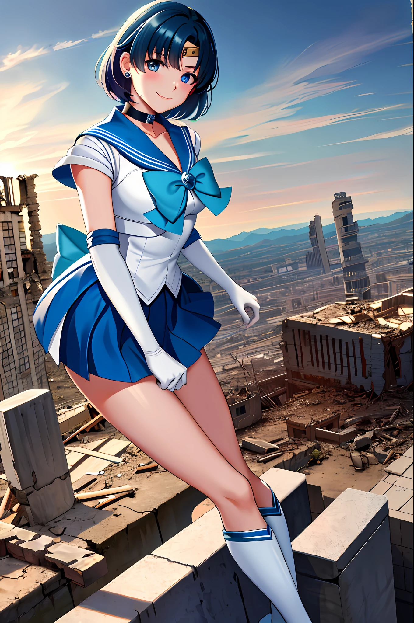 Masterpiece, best quality, high resolution, mer1, tiara, sailor warrior uniform, blue sailor collar, bow, knee-length boots, collar, white gloves, blue collar, elbow gloves, jewelry, earrings, blue skirt, cowboy shooting, standing, smiling, giantess, destruction of cities, ruins, collapsed buildings, overlook