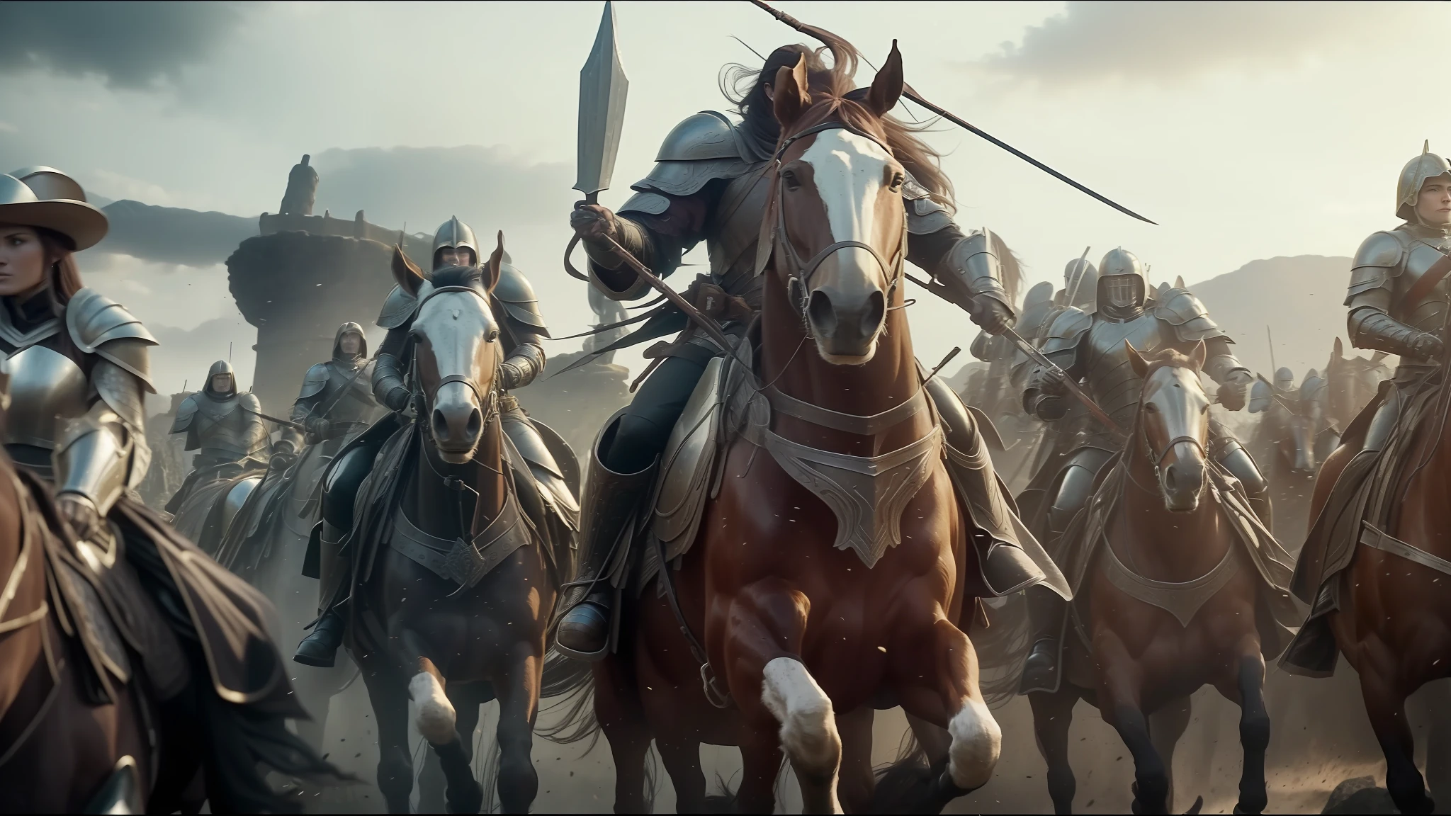 there are many people riding horses in a line with armor on them, 2 0 2 1 cinematic 4 k framegrab, corpsepaint, jaime jasso, greig fraser cinematography, animated movie shot, official artwork hdr, tomb raider, award winning animation, by andrei riabovitchev, exterminatus, by Huang Tingjian