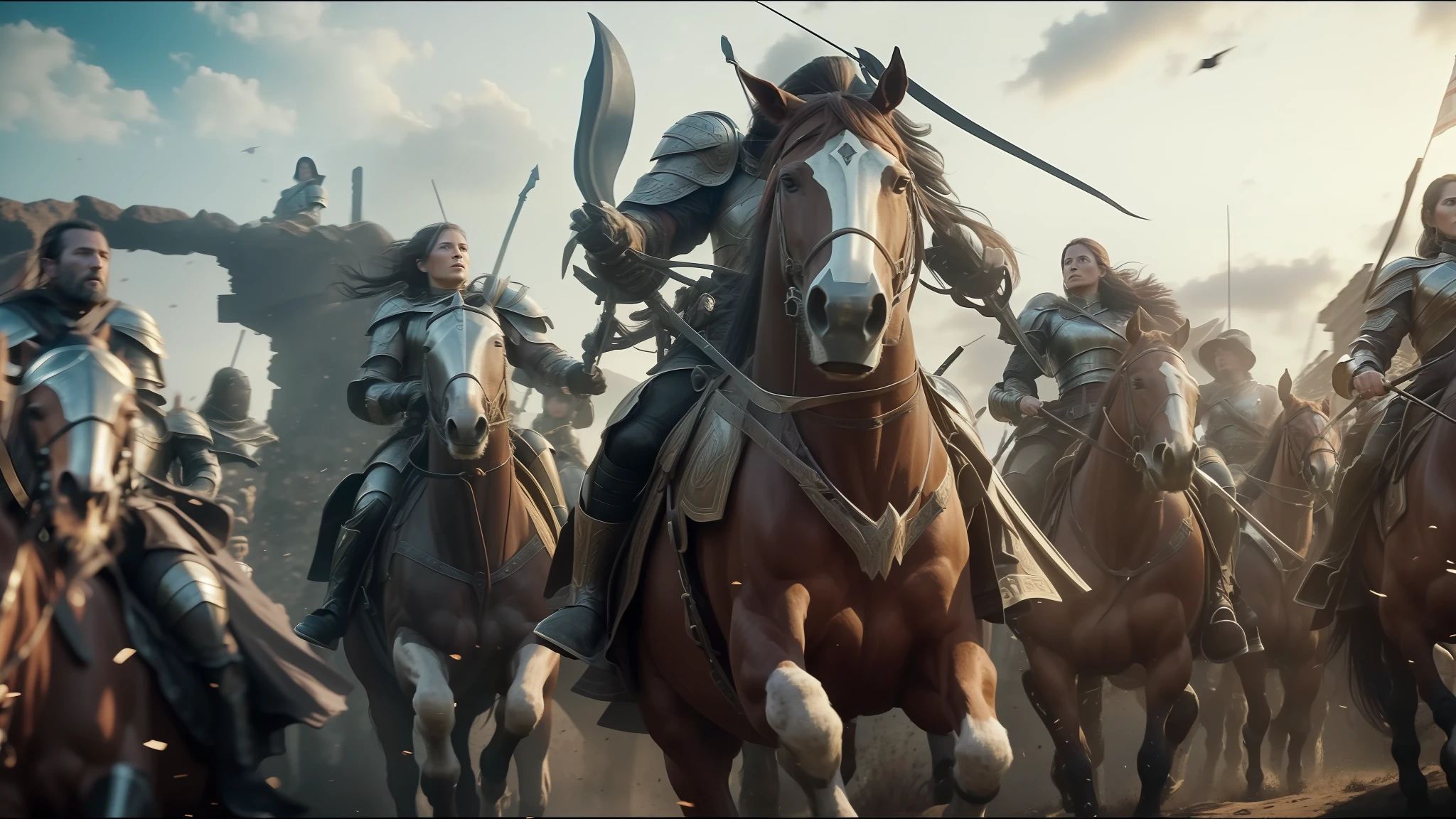 there are many people riding horses in a line with armor on them, 2 0 2 1 cinematic 4 k framegrab, corpsepaint, jaime jasso, greig fraser cinematography, animated movie shot, official artwork hdr, tomb raider, award winning animation, by andrei riabovitchev, exterminatus, by Huang Tingjian
