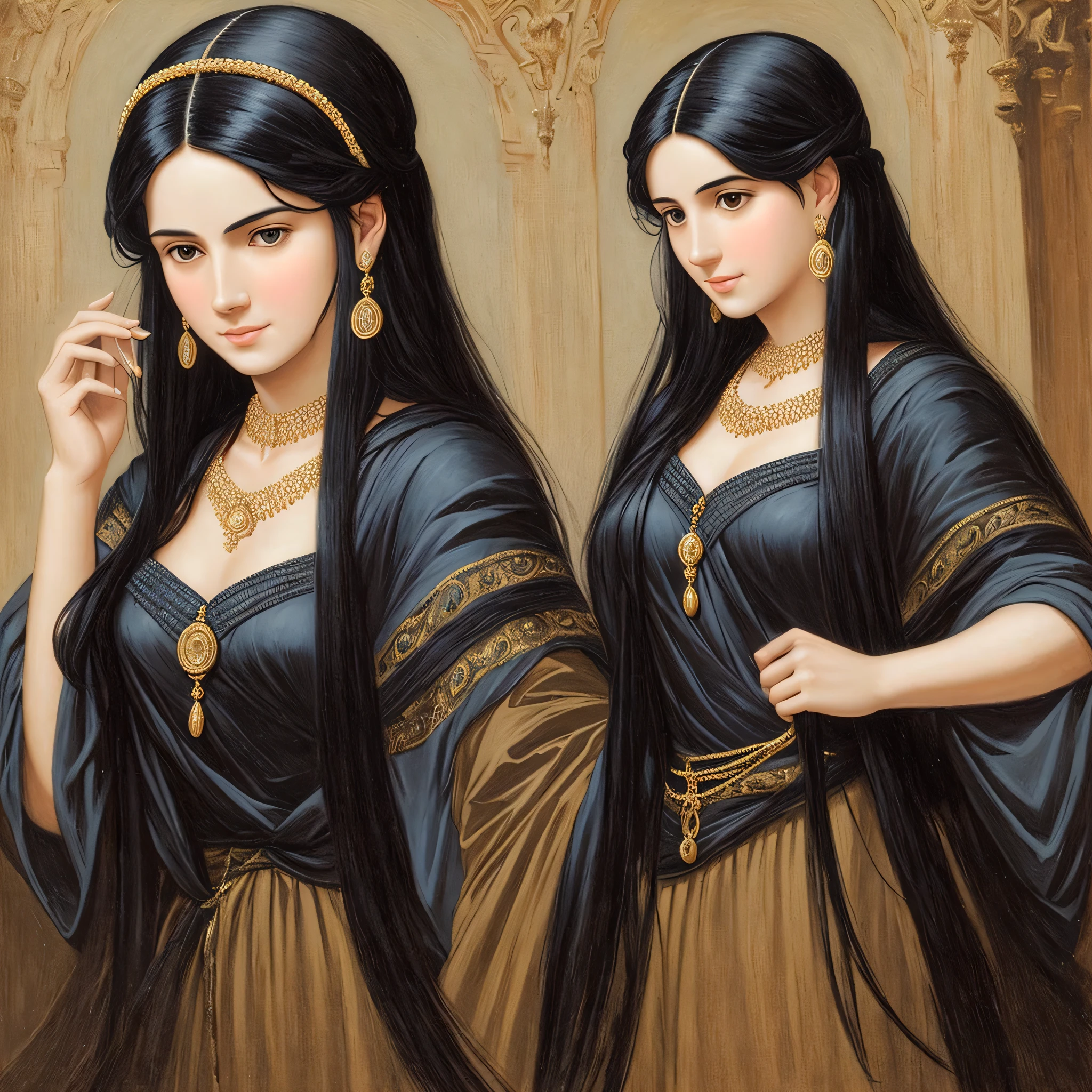 A Philistine woman with robes, necklaces, and earrings with long, black hair --auto --s2