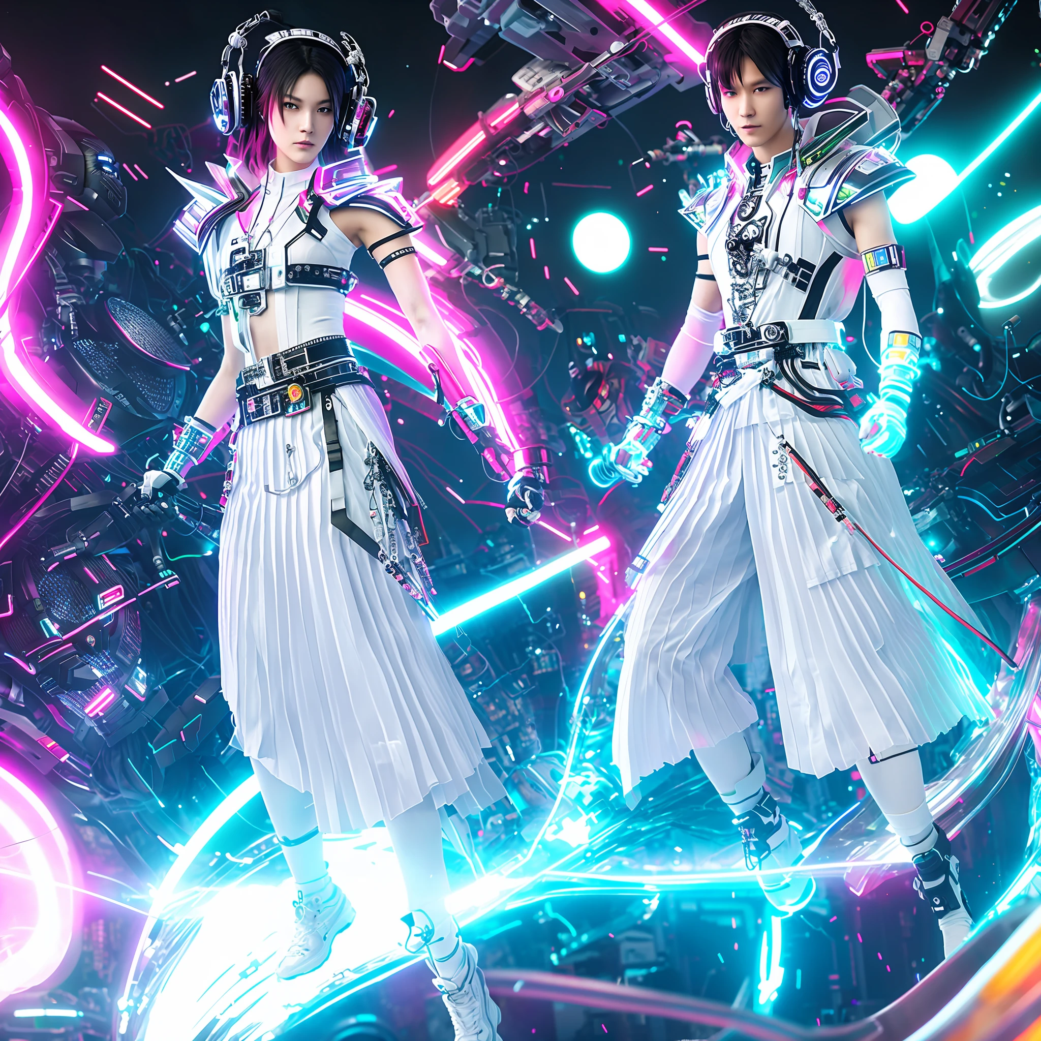 realista, 1 bebe menino com fones de ouvido bem alegre ouvindo musicas eletronicas imagem tipo cyber punk em um ambiente bem colorido com muitas luzes neon dj