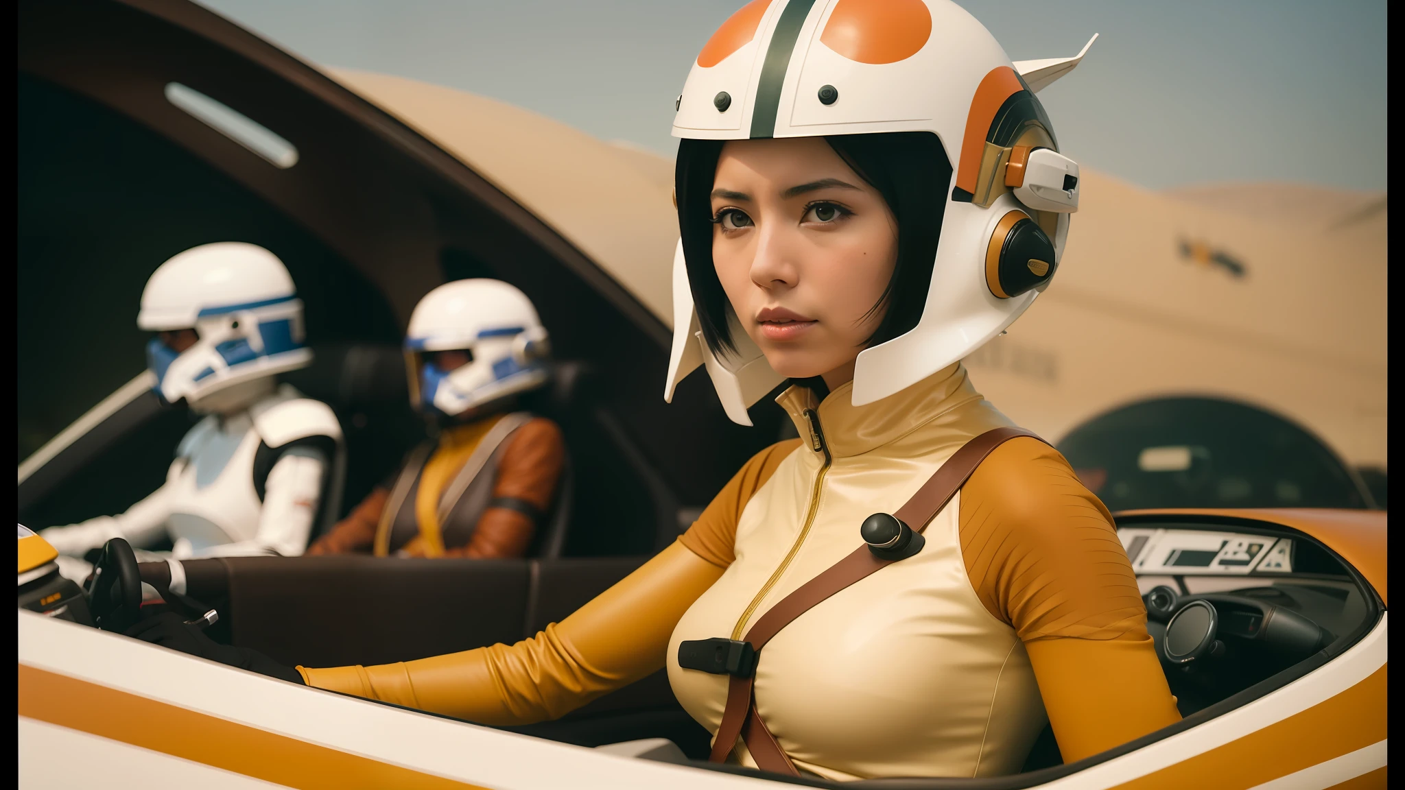 arafed woman in a star wars costume in a car, anime movie screenshot, style of wes anderson, wearing latex, wlop and ross tran, fighter pilot in the cockpit, gemma chan, faye valentine, a beautiful kitsune woman, by Erwin Bowien, sepia, aubrey plaza, pod racer, perfect face symmetry, from a 2 0 1 9 sci fi 8 k movie