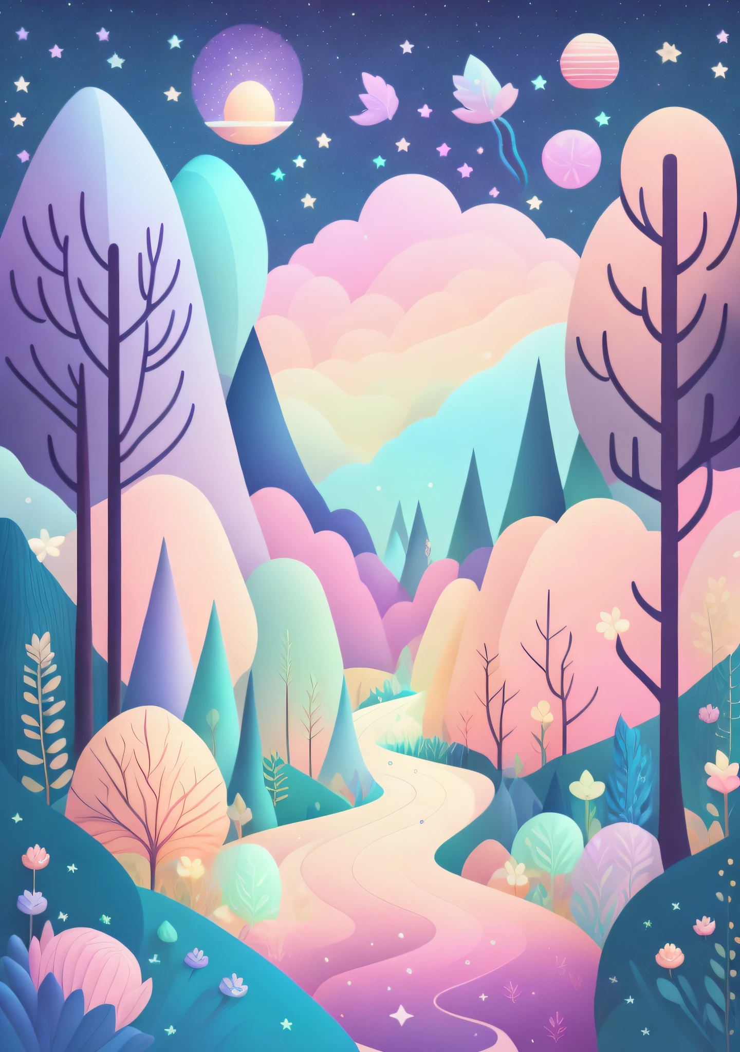 "A cartoon illustration in a gradient of pastel colors, sky with twinkling stars. Immerse yourself in a mystical world full of magical elements (weighted at 0.9). Witness an ethereal forest filled with an abundance of plants on a journey lined with a mobile game. Enjoy the touch of magic as you explore the picturesque contours of flowers embedded in the scenery (weighing 0.8)."