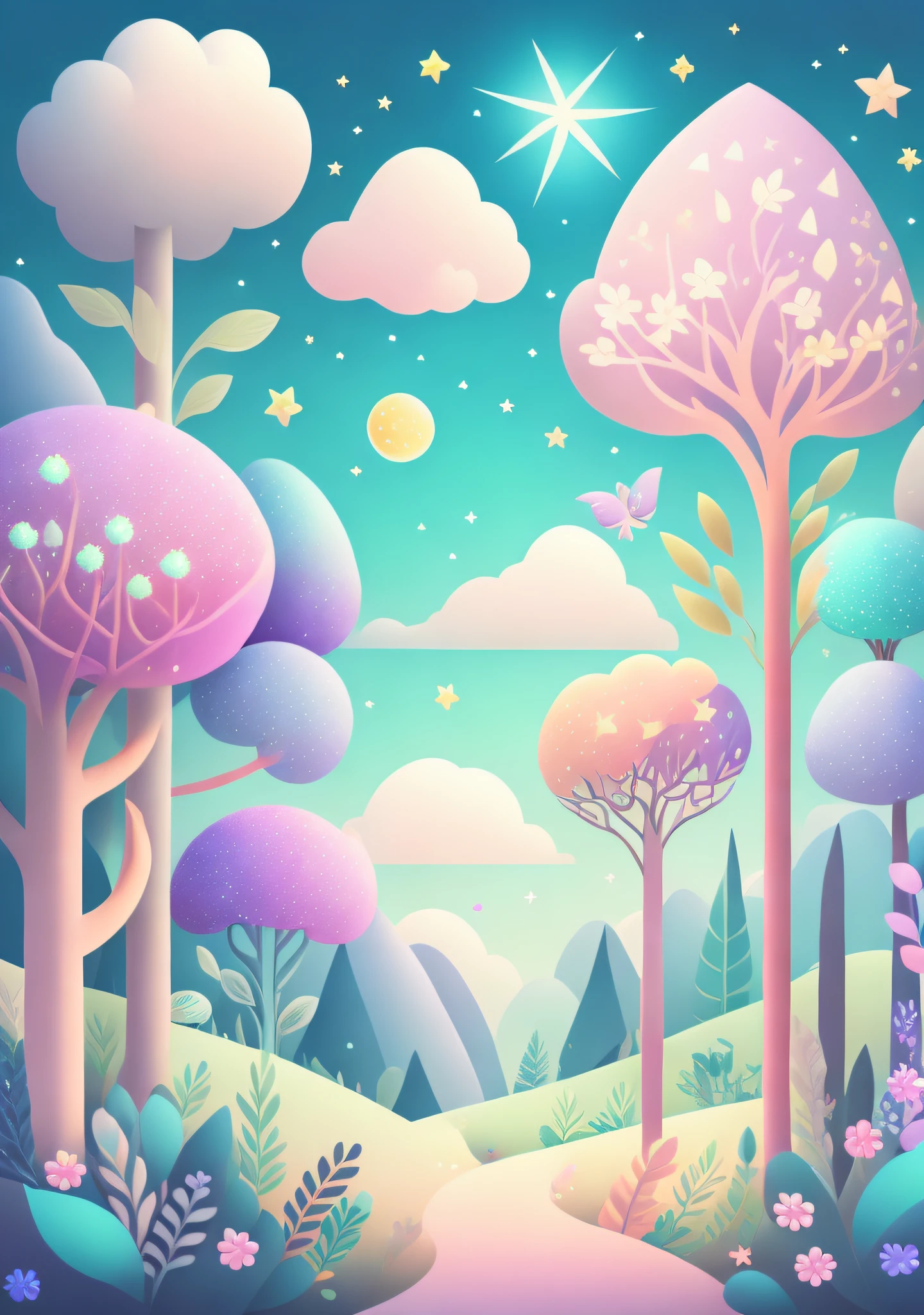 "A cartoon illustration in a gradient of pastel colors, sky with twinkling stars. Immerse yourself in a mystical world full of magical elements (weighted at 0.9). Witness an ethereal forest filled with an abundance of plants on a journey lined with a mobile game. Enjoy the touch of magic as you explore the picturesque contours of flowers embedded in the scenery (weighing 0.8)."