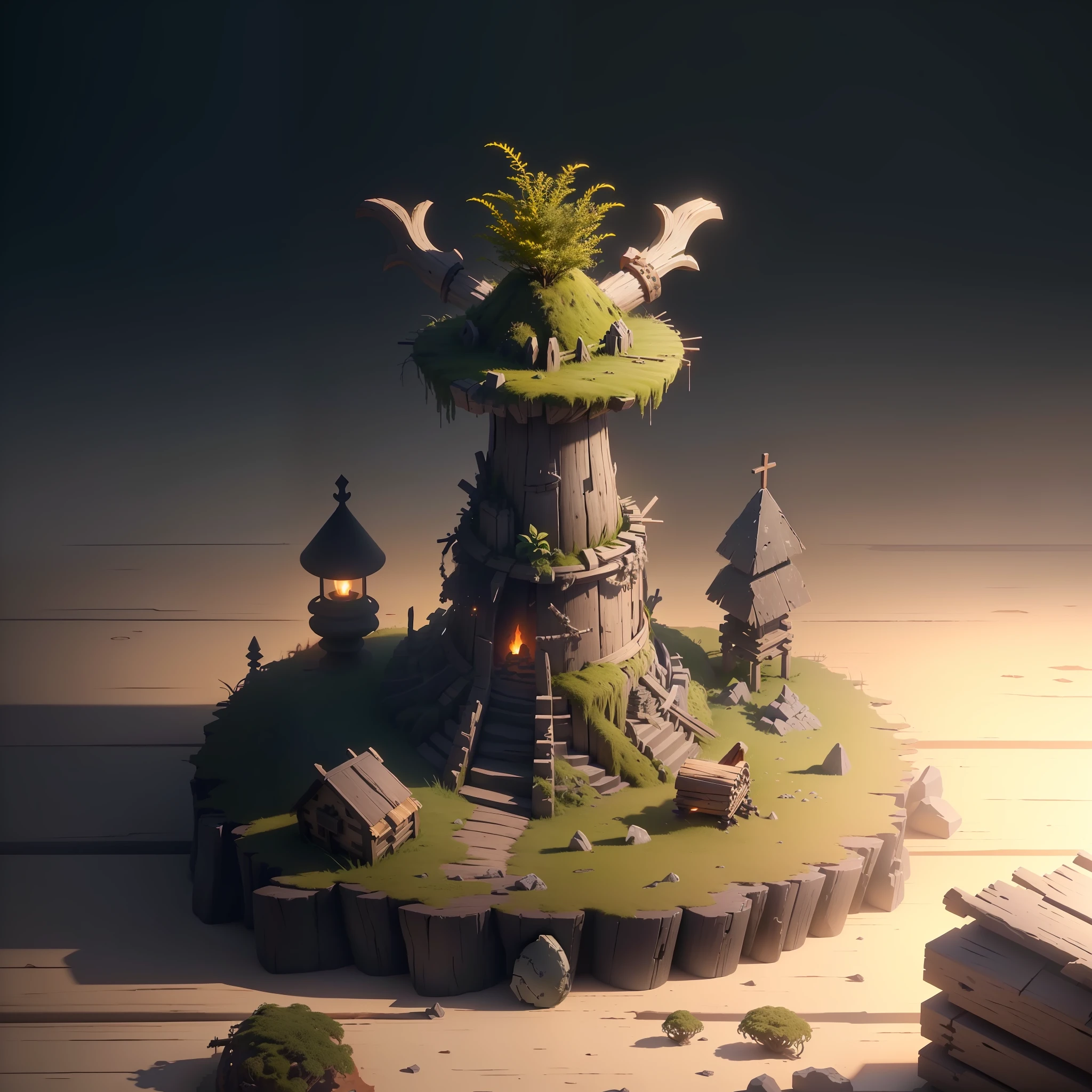 Masterpiece, Best Quality, (Very Detailed CG Unity 8k Wallpaper), (Best Quality), (Best Illustration), (Best Shadow), Primitive Age, Barbaric Age, Round Mossy Platform, Horn, Animal skeletons, isometric 3D, octane rendering, ray tracing, ultra detailed