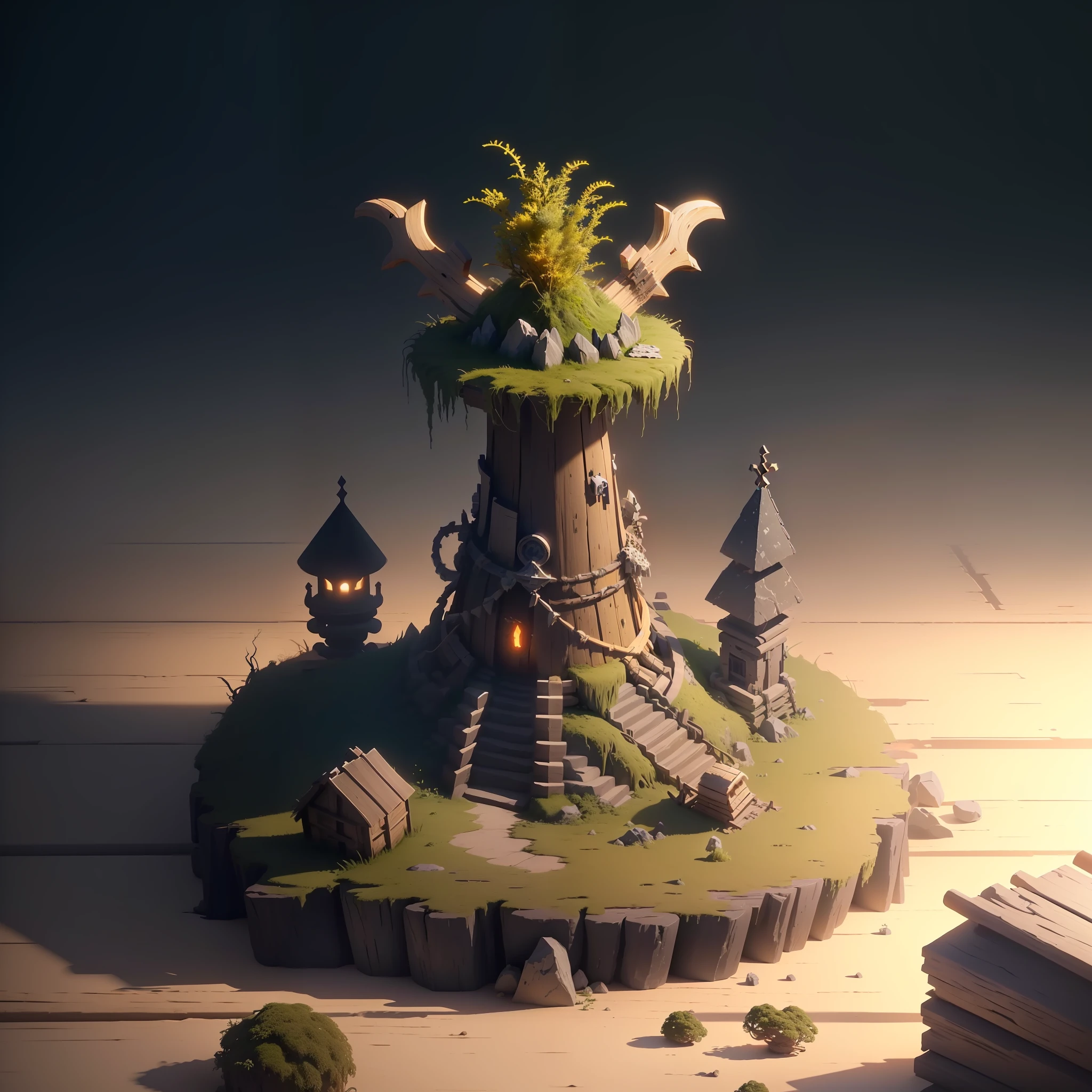 Masterpiece, Best Quality, (Very Detailed CG Unity 8k Wallpaper), (Best Quality), (Best Illustration), (Best Shadow), Primitive Age, Barbaric Age, Round Mossy Platform, Horn, Animal skeletons, isometric 3D, octane rendering, ray tracing, ultra detailed