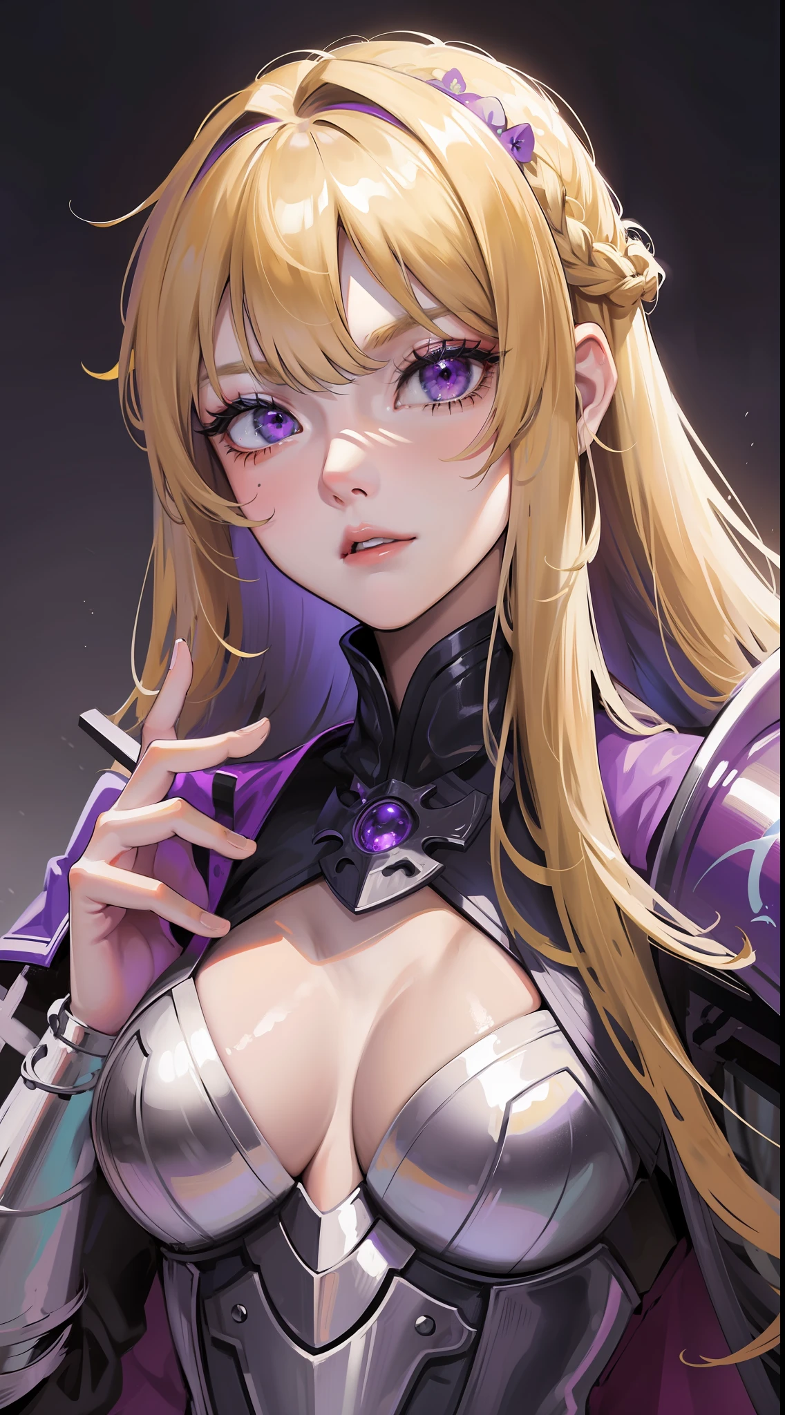 Young girl, long blonde hair, purple eyes, scar on her face, heavy fantasy armor, raincoat, serious look sword, masterpiece, high quality