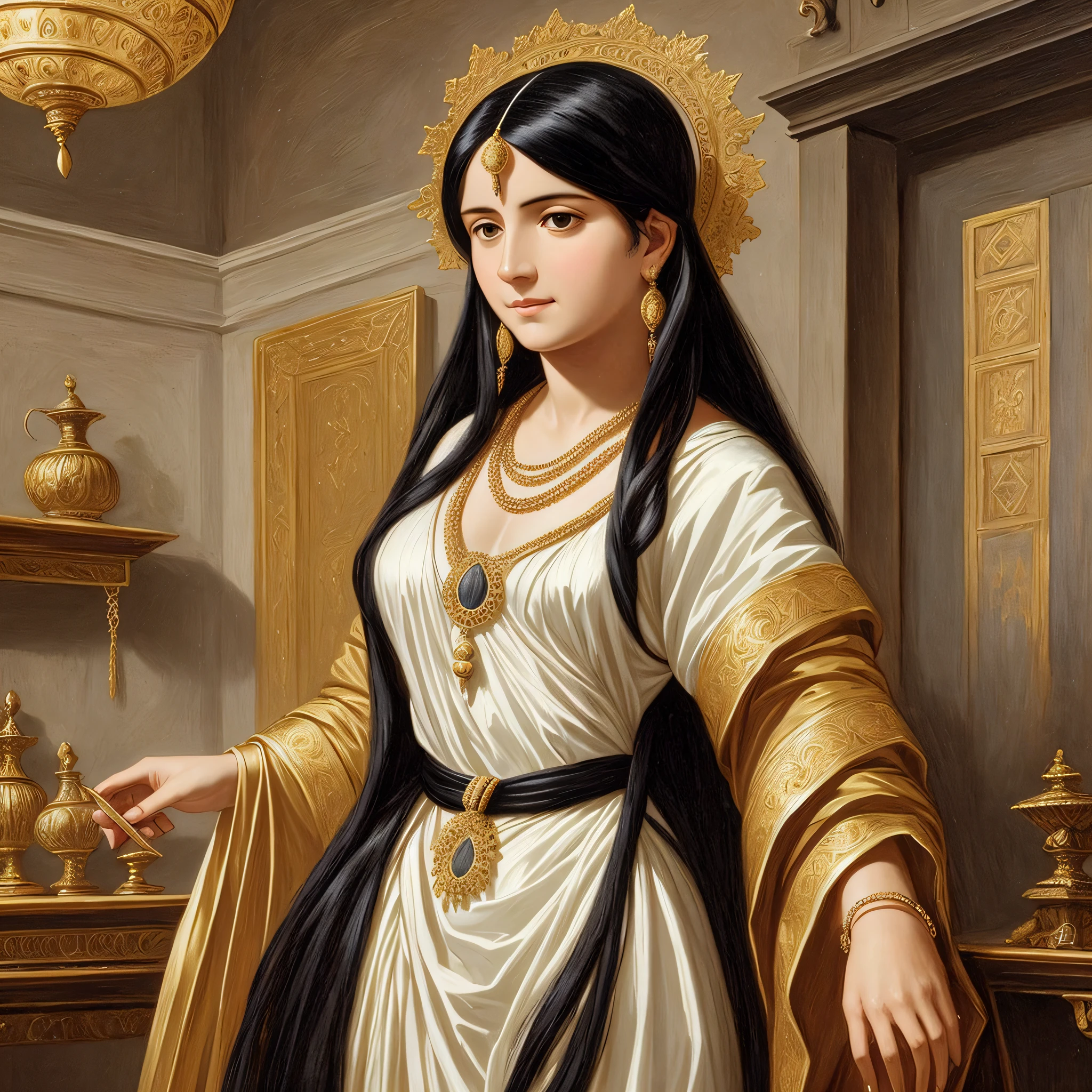 A Philistine woman with robes, necklaces, and earrings with long, black hair --auto --s2